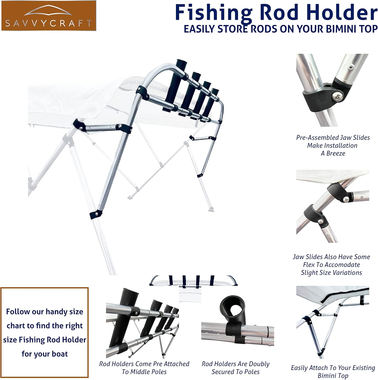 Savvycraft Bimini – Soporte para caña de pescar, soporte para caña de pescar, lanzacohetes se adapta a marco superior Bimini de 1 pulgada
