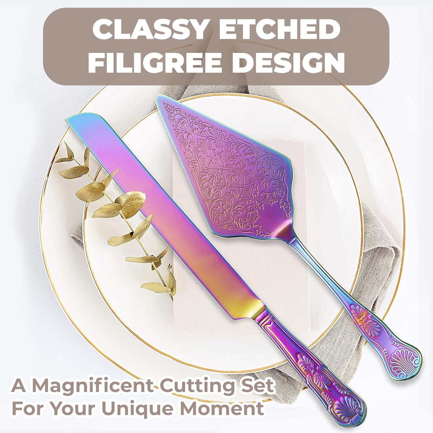 Orblue Juego de cuchillo y servidor para pastel de boda, juego de corte de alta calidad, bellamente grabado, elegante recuerdo para recién casados,