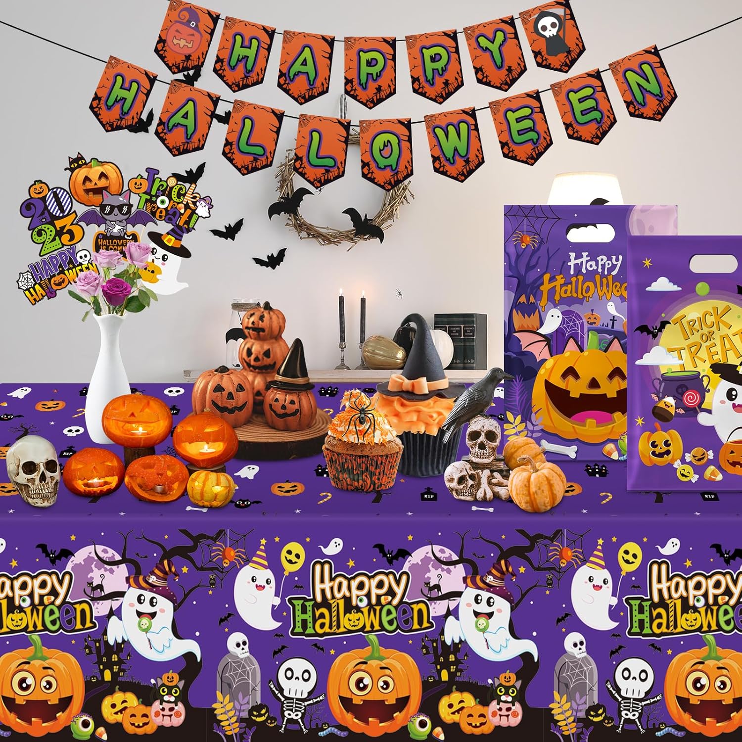 3 manteles de Halloween  Mantel de plástico con diseño de calabaza y fantasma, desechable, rectangular, color morado, para decoración de mesa de