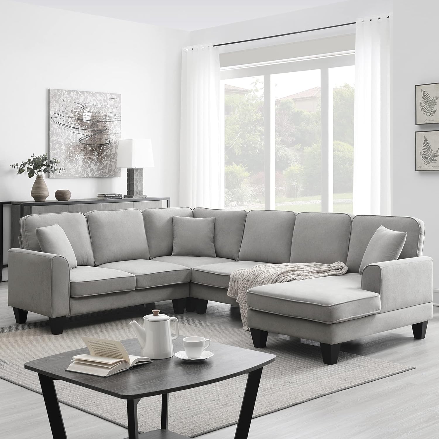 Sofá modular modular en forma de U de 7 asientos para sala de estar, apartamento, oficina con 3 almohadas, 108 pulgadas, gris claro