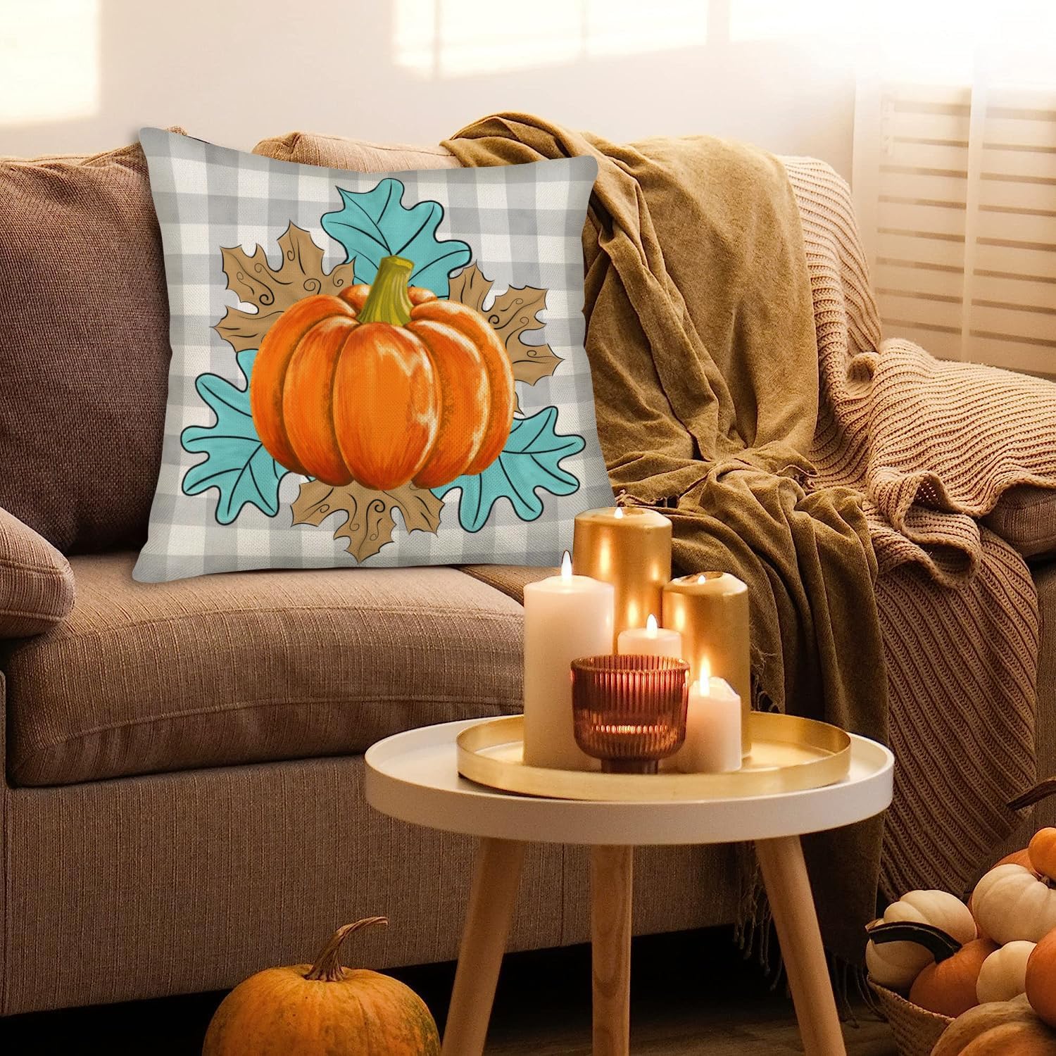 Juego de 4 fundas de almohada de otoño de 22 x 22 pulgadas, diseño de búfalo con texto en inglés “Hello Pumpkin Give Though”, a cuadros, decoración