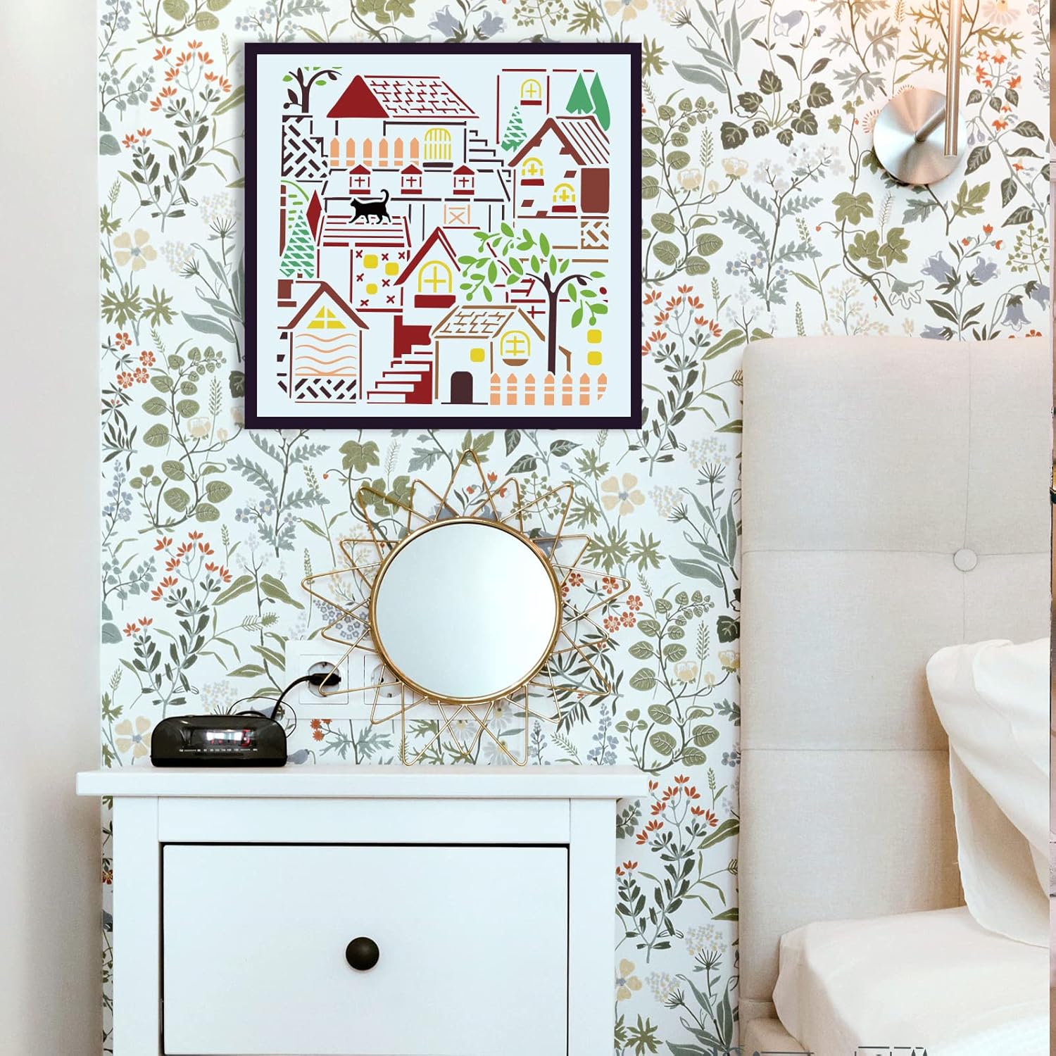 FINGERINSPIRE Houses – Plantilla de pintura de pueblo pequeño de 11.8 x 11.8 pulgadas, árboles reutilizables, para gatos, plantilla de plástico PET