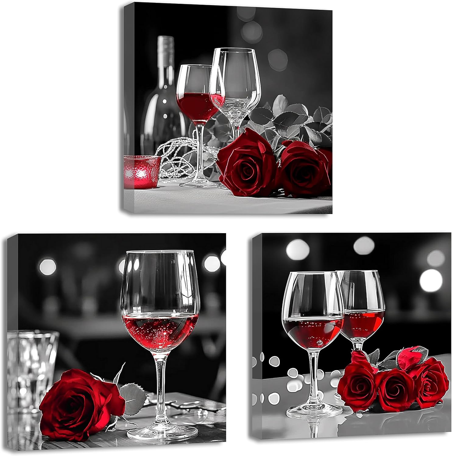QIXIANG Lienzo de pared con rosas de vino tinto para decoración de cocina, 3 piezas de impresiones de imagen en blanco y negro para decoración de