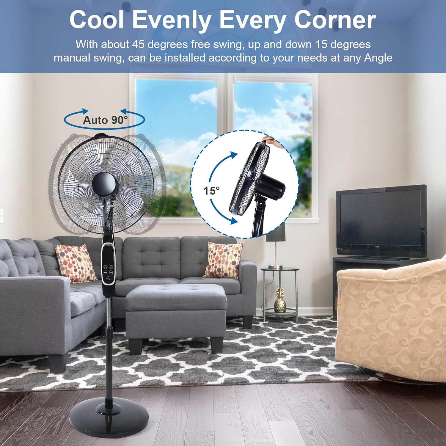 Simple Deluxe Ventilador avanzado de 16 pulgadas con control remoto, altura ajustable, 3 velocidades, oscilación de 45 grados y temporizador para