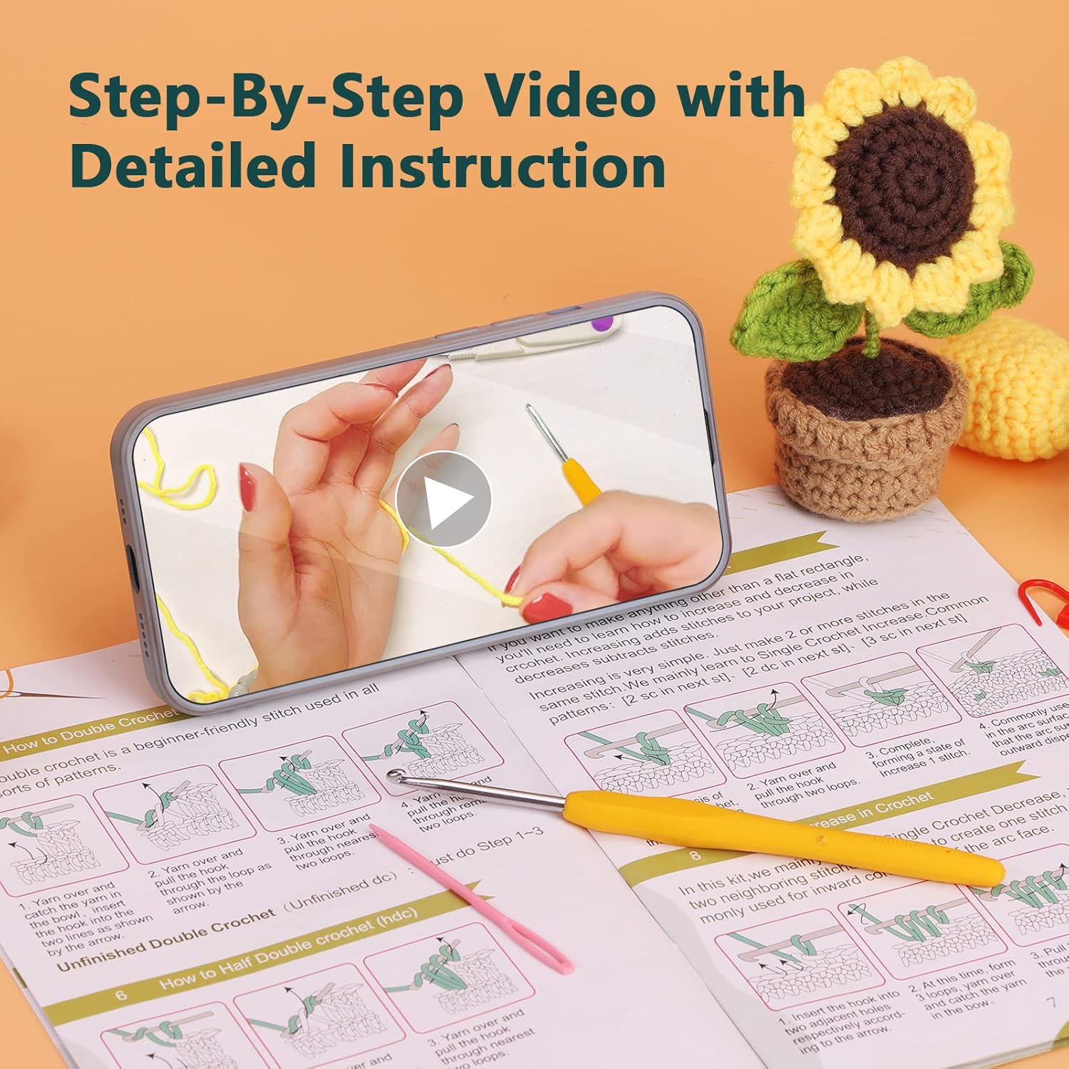 PP OPOUNT Kit de ganchillo para principiantes, 3 plantas en maceta, paquete completo de inicio para adultos y niños con instrucciones paso a paso y