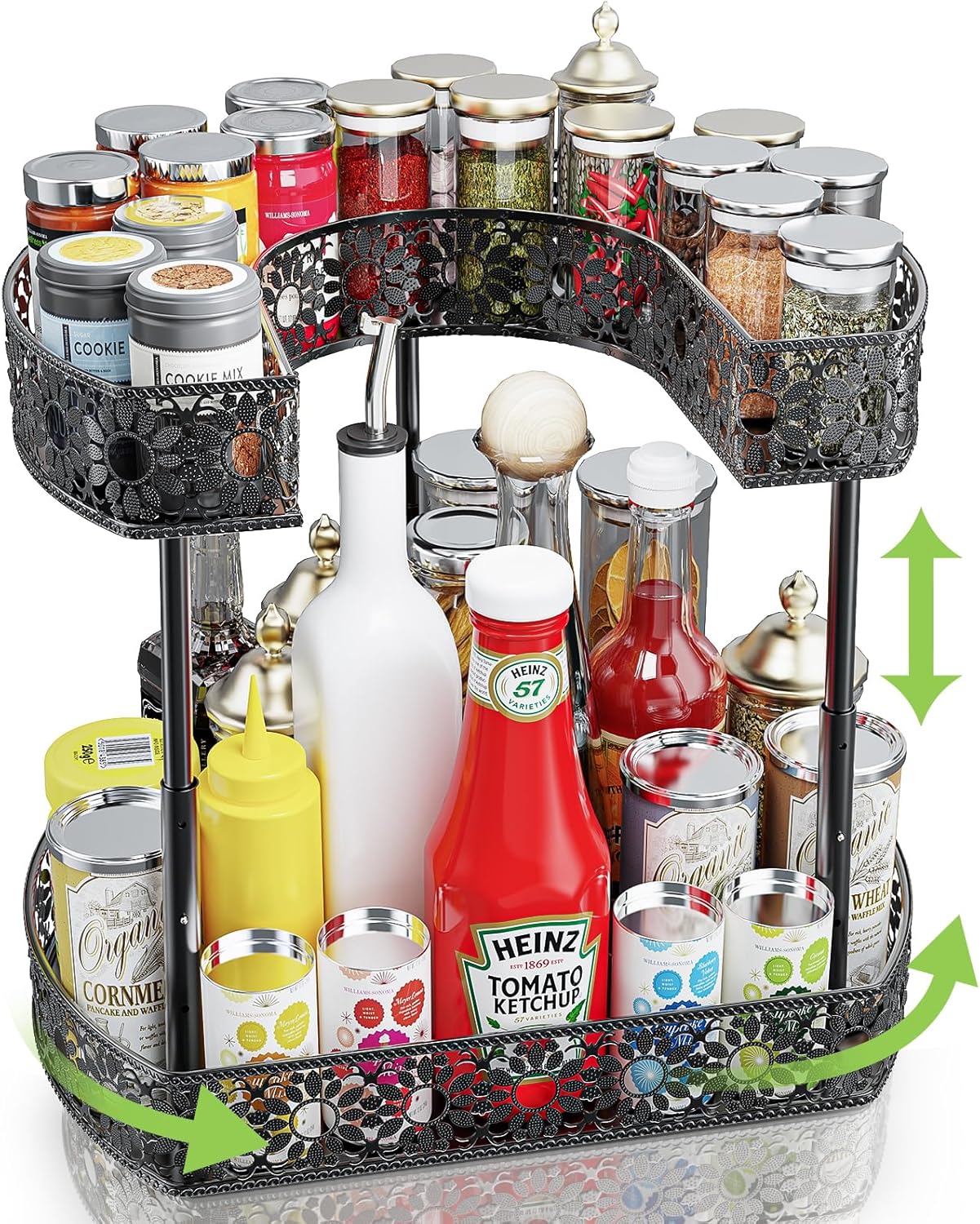 Organizador de especias para gabinete, organizador de especias de 2 niveles con almohadilla antideslizante, organizador de tocadiscos Lazy Susan
