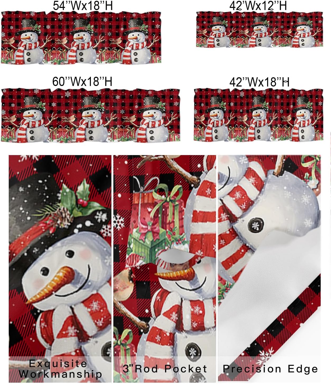 Cenefa de cocina de muñeco de nieve de Navidad, cenefas de ventana de búfalo rojo y negro, cortinas cortas con bolsillo para barra, cenefas de