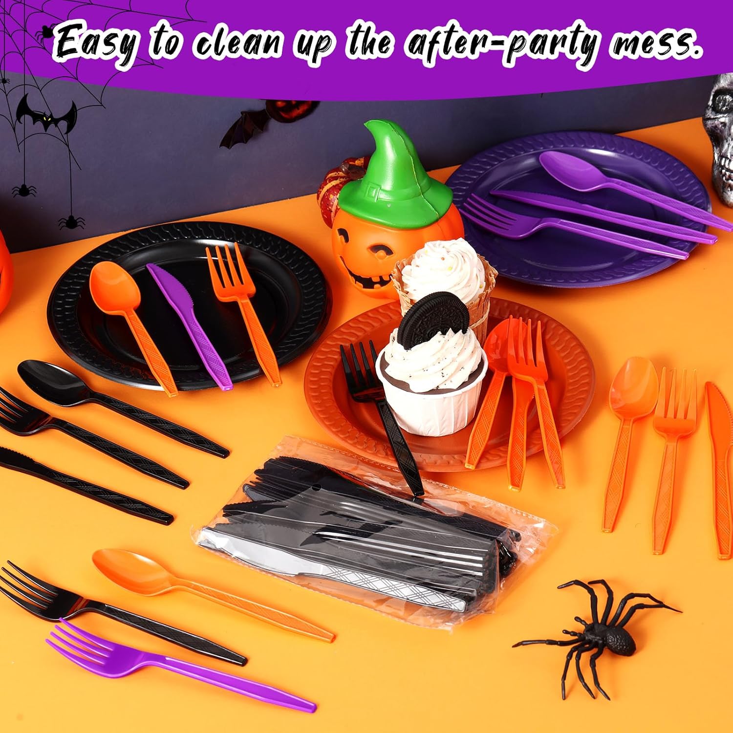 Juego de 540 cubiertos de plástico para Halloween, tenedores, cucharas y cuchillos, incluye 180 tenedores, 180 cucharas y 180 cuchillos para fiestas