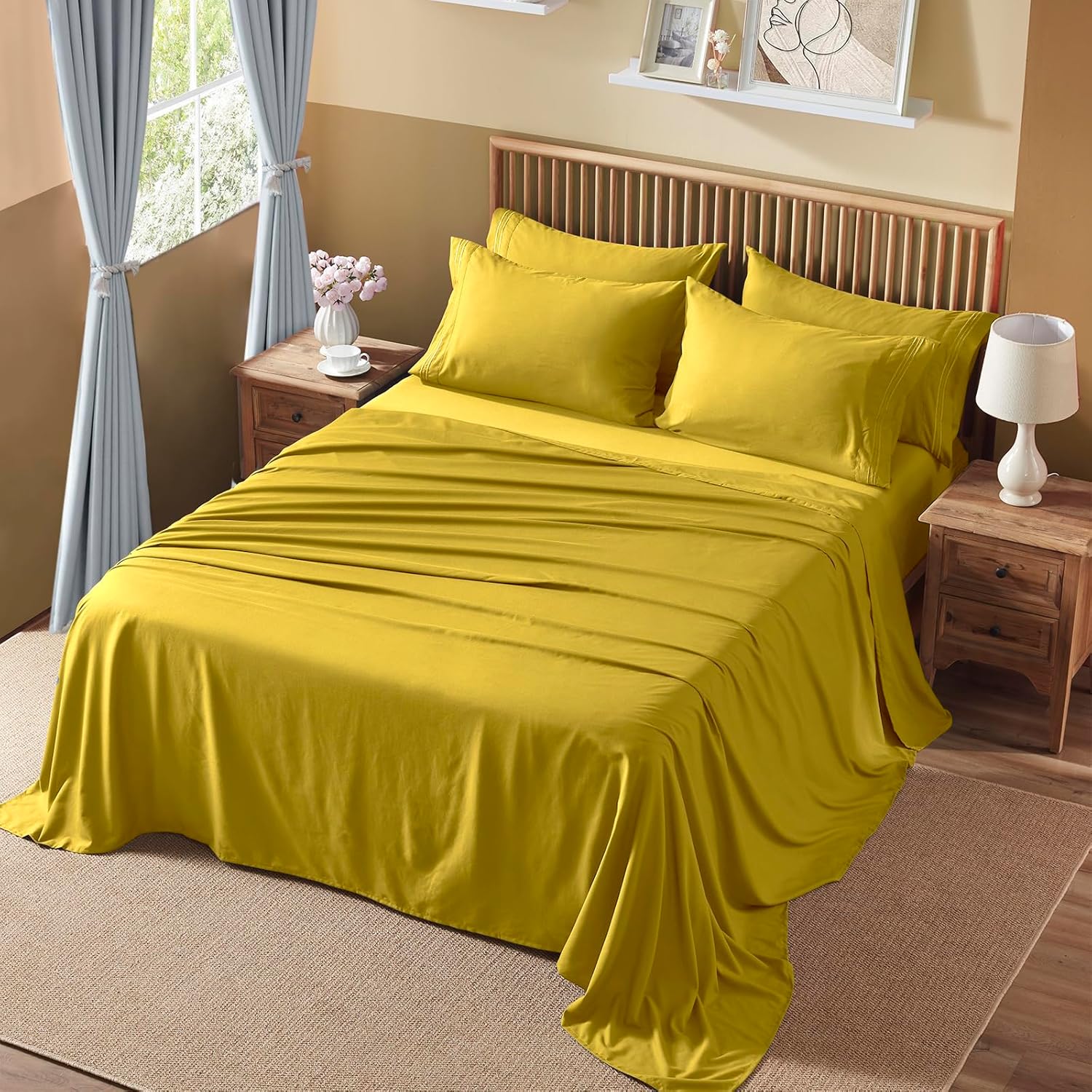 Homiest Juego de sábanas de bolsillo extra profundo, 6 piezas de sábanas suaves de color amarillo mostaza de 18 a 24 pulgadas, sábanas de microfibra