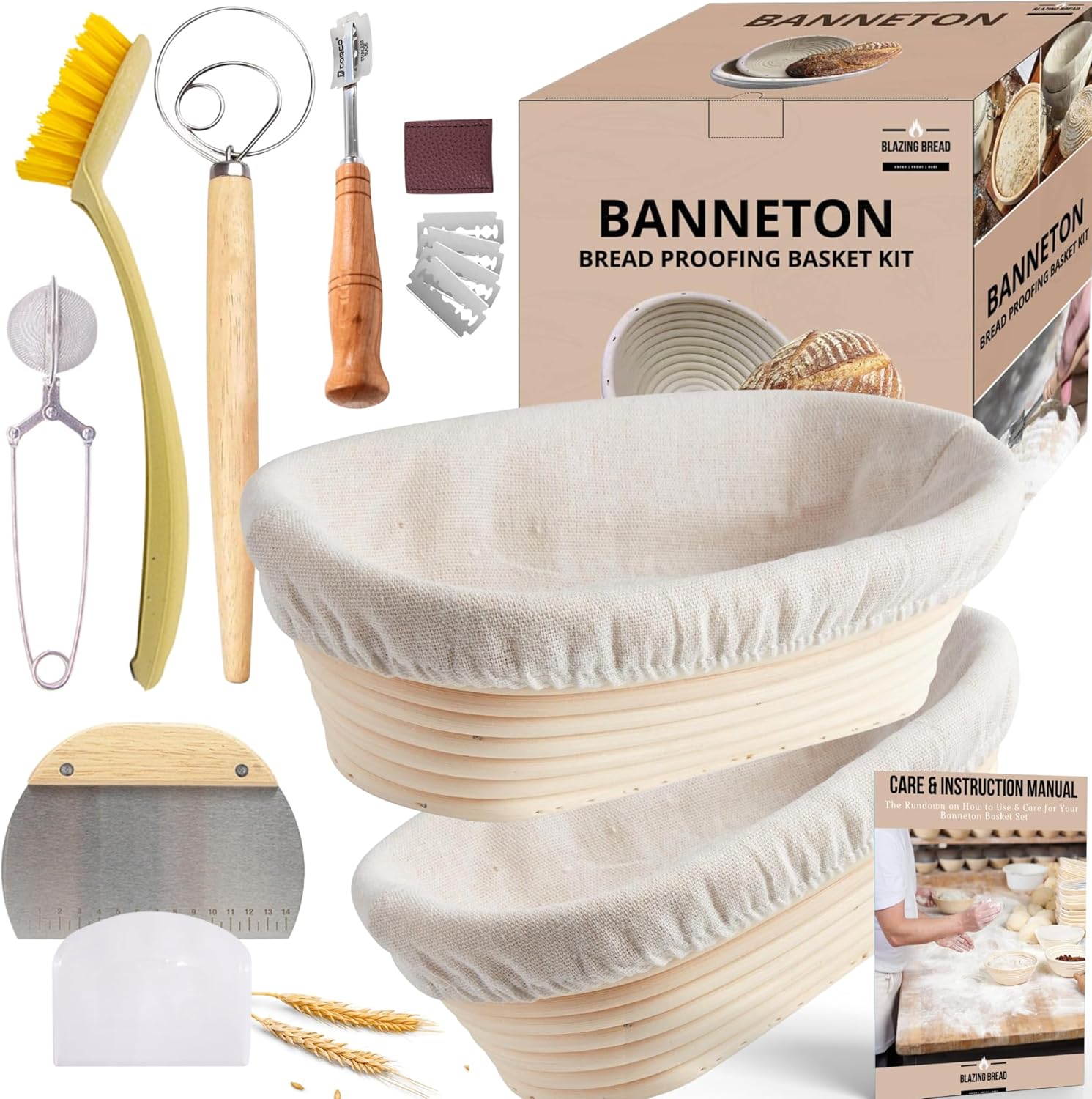 Banneton – Juego de cestas ovaladas para pan, 2 a 10 pulgadas, suministros y herramientas para hornear pan, batidor de masa, raspador, plumero de