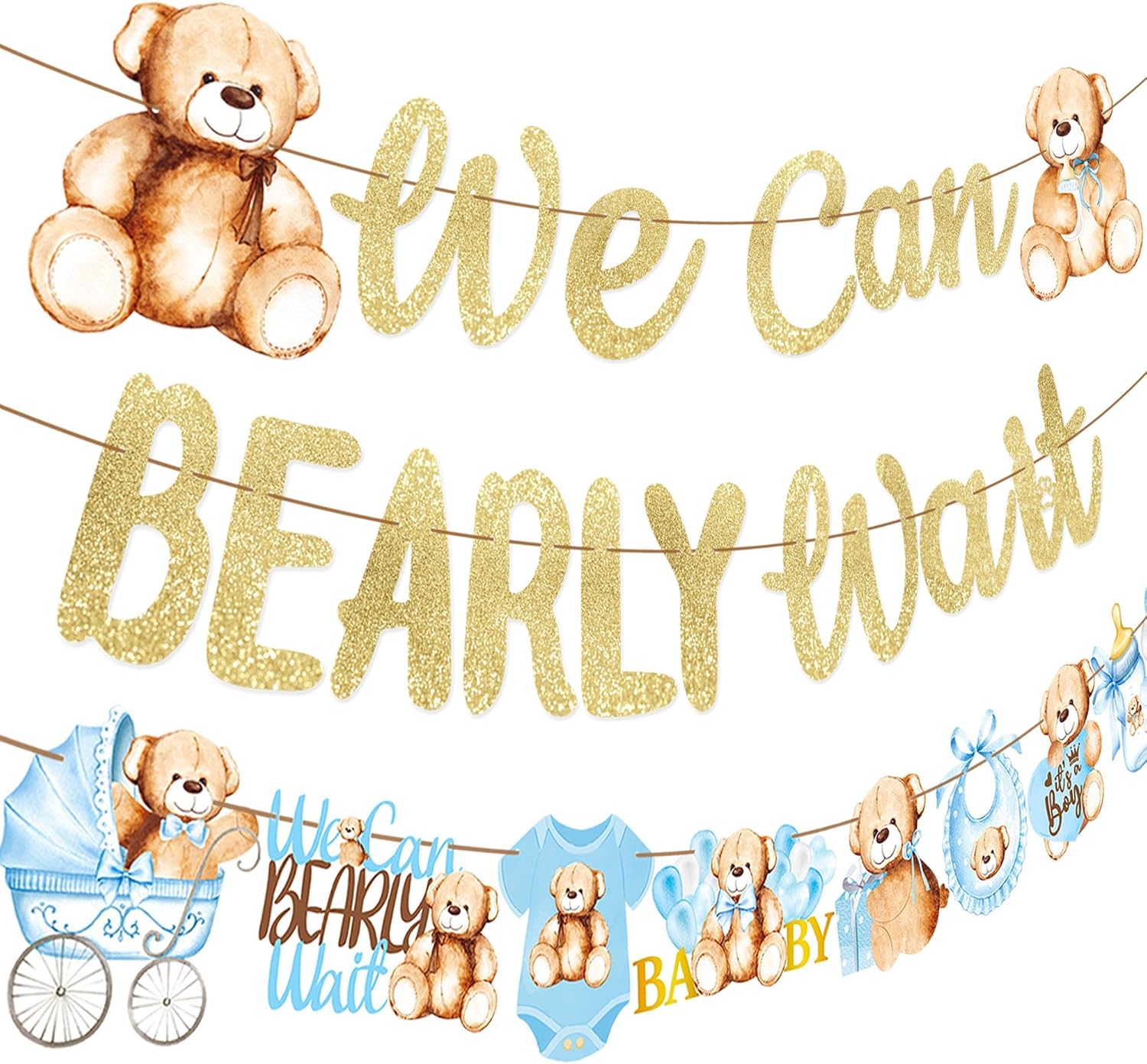 Cartel de oso de peluche para baby shower, 3 unidades, con texto en inglés We Can Bearly Wait Baby Show, decoración de oso de peluche con purpurina
