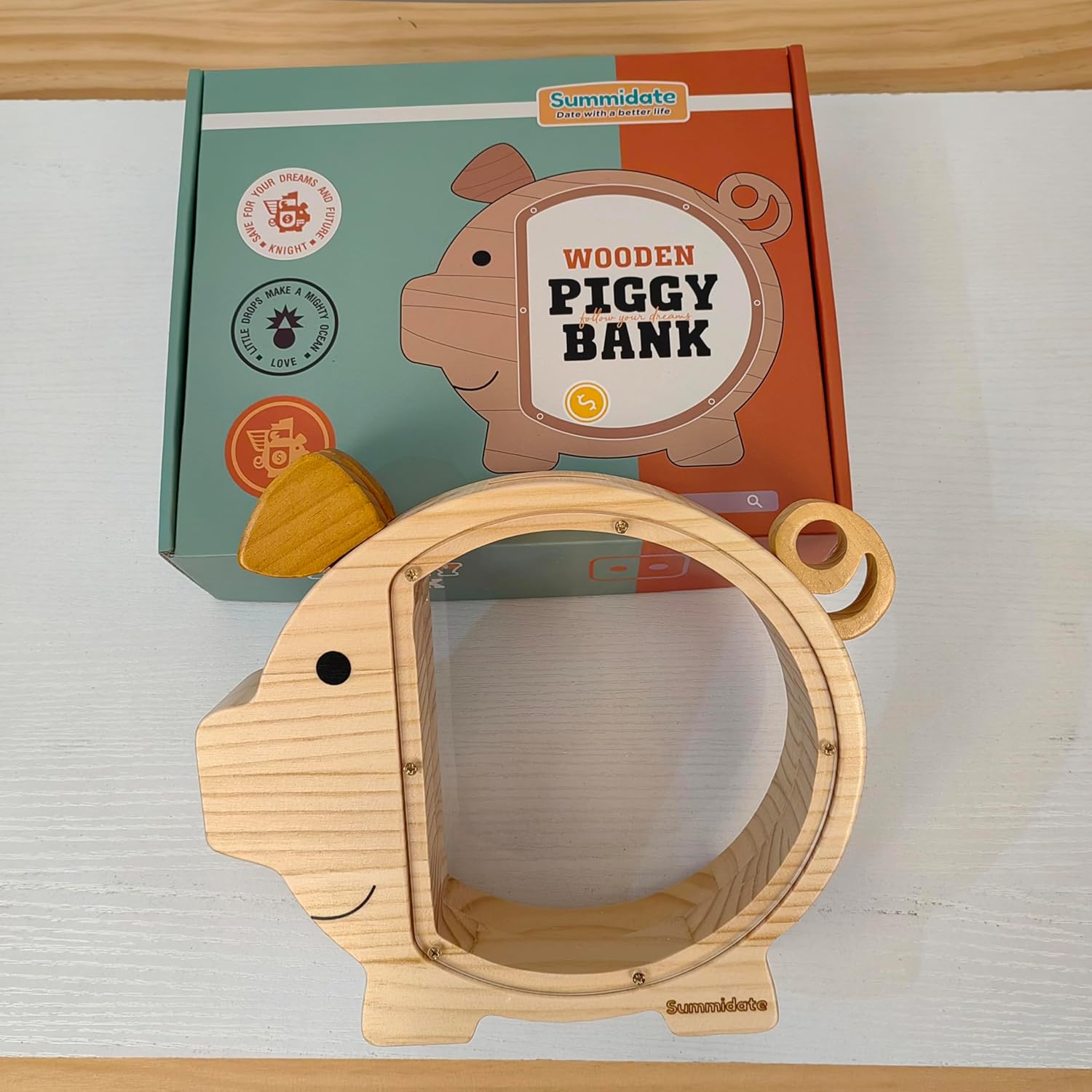 Summidate Alcancía de madera para niños, bonita caja de dinero para niños y niñas, banco de monedas de madera irrompible, tarro de dinero de ahorro