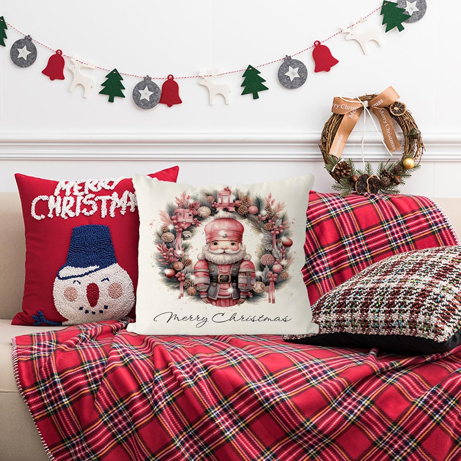 GAGEC Fundas de almohada navideñas de 18 x 18 pulgadas, corona de cascanueces, fundas de almohada rosadas, fundas de almohada de Navidad para