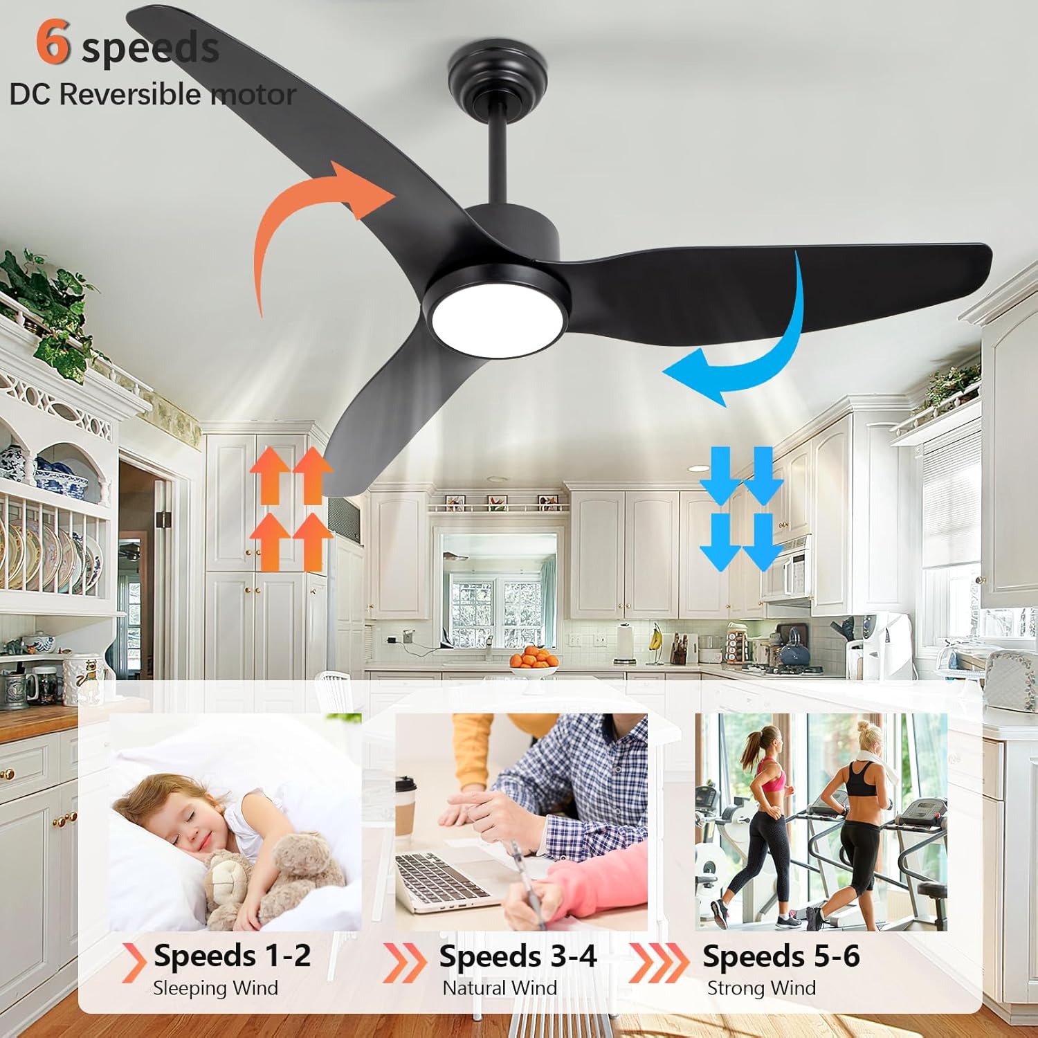 Ventilador de techo negro con control remoto de luz, 52 pulgadas, 6 velocidades, motor silencioso reversible, 3CCT, regulable, LED, temporizador,