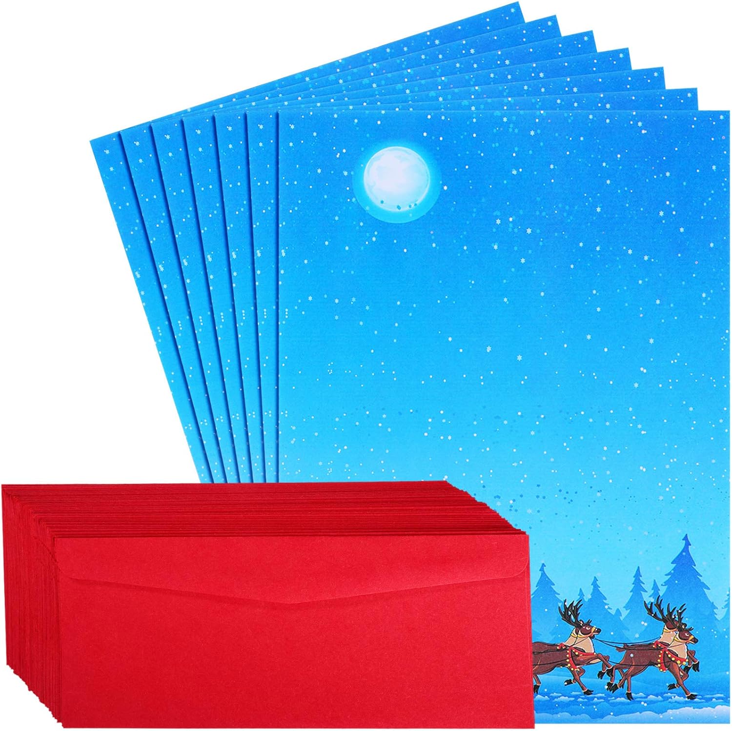 100 sobres de Navidad #10 con papel de carta, autoadhesivos, sobres de cartas, trineo de renos, membrete de Papá Noel, para letras festivas,