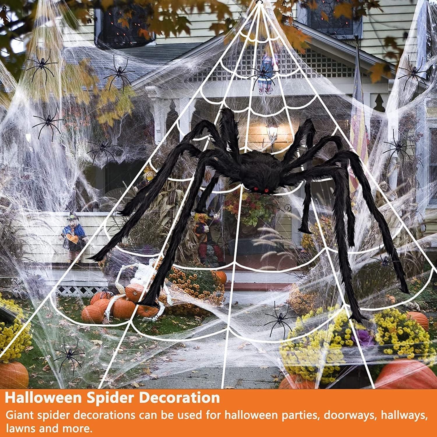 KRRFDP Decoración de Halloween de telaraña de 200 pulgadas, araña gigante aterradora de 60 pulgadas con 20 piezas de mini araña y telaraña elástica