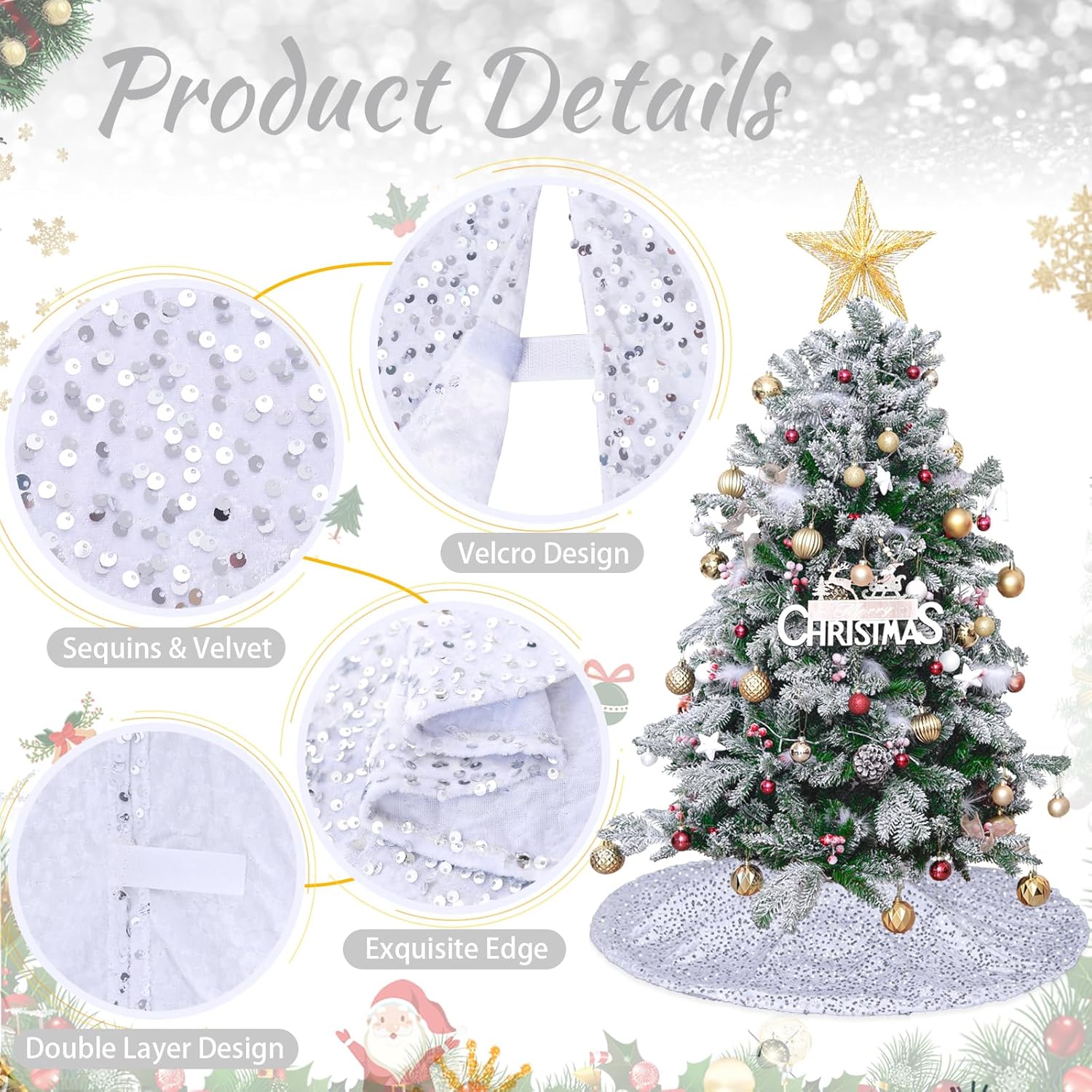 Falda de árbol de 48 pulgadas, falda de árbol de Navidad blanca plateada, falda grande de lentejuelas para árbol de Navidad de terciopelo para árbol