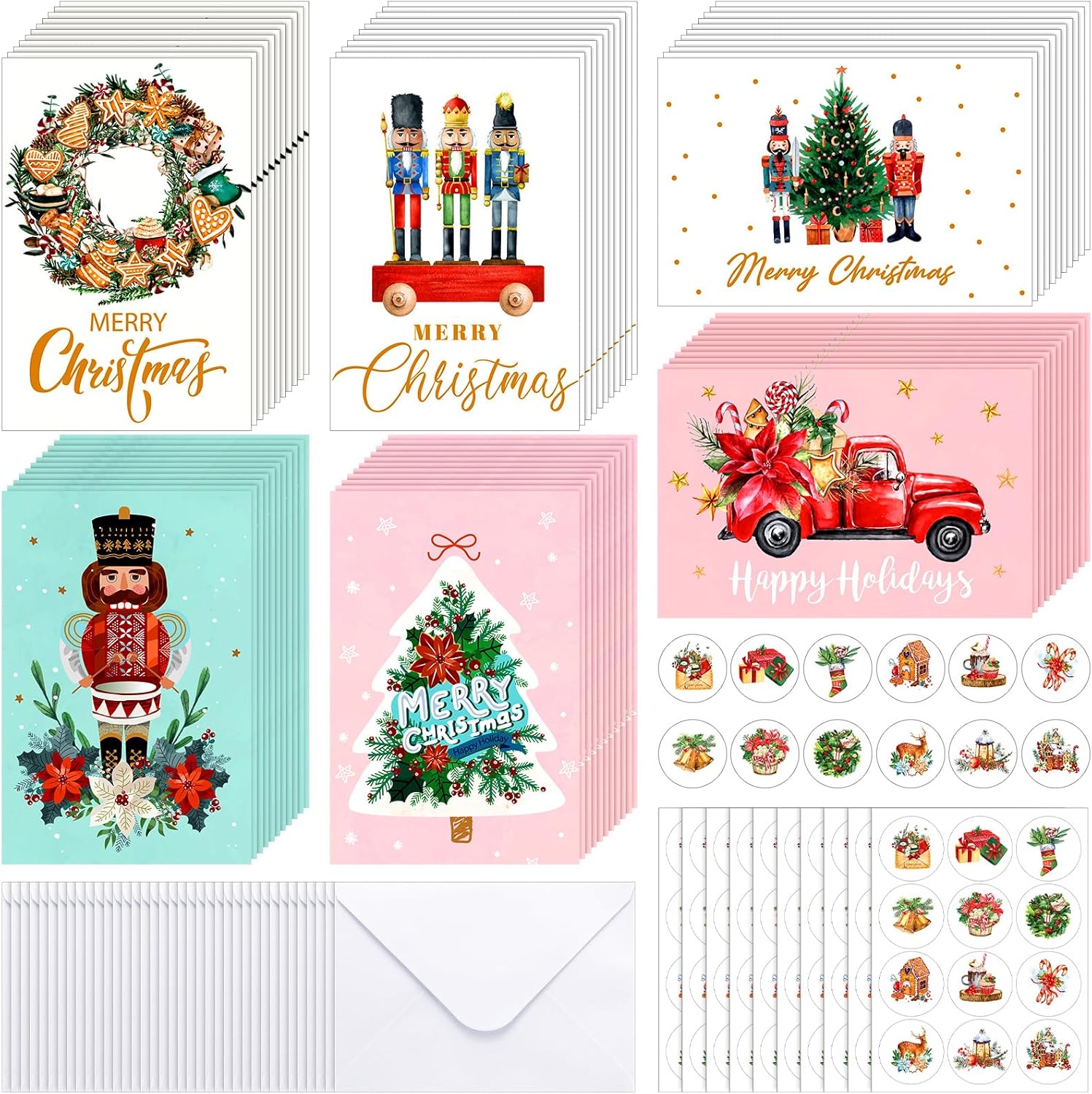 Colarr 60 juegos de tarjetas navideñas con sobres y calcomanías, tarjetas de notas festivas de Navidad, cascanueces, tarjetas de felicitación,