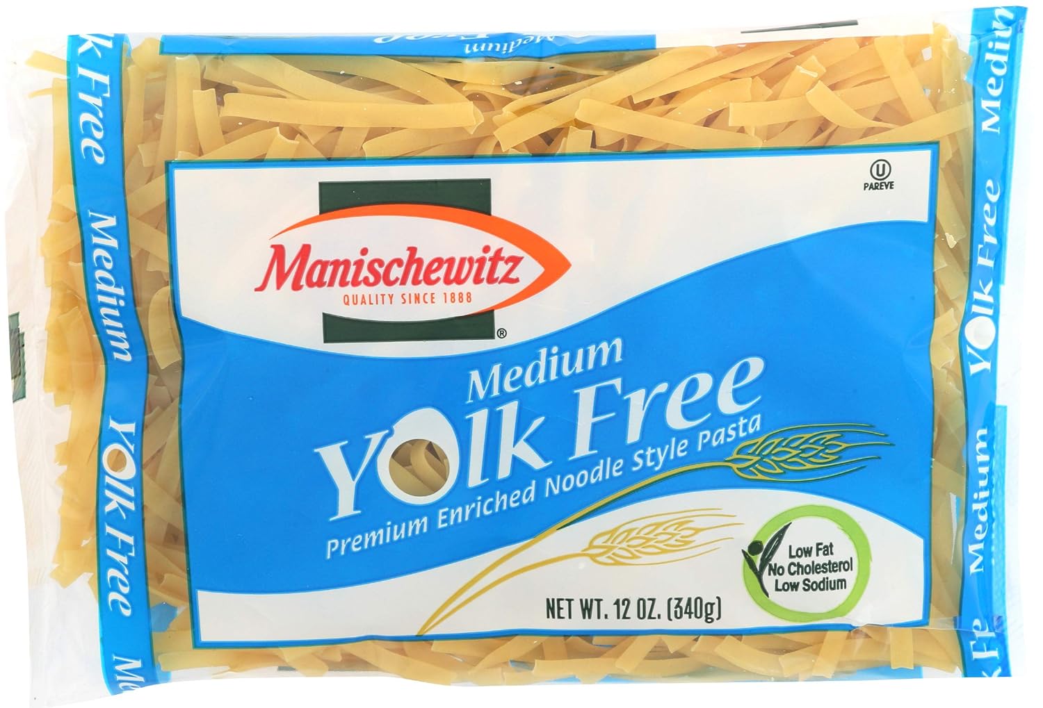 Manischewitz Pasta de fideos premium enriquecida mediana sin yema de 12 onzas (paquete de 3) sin colesterol, 0.28 oz de proteína por porción, baja