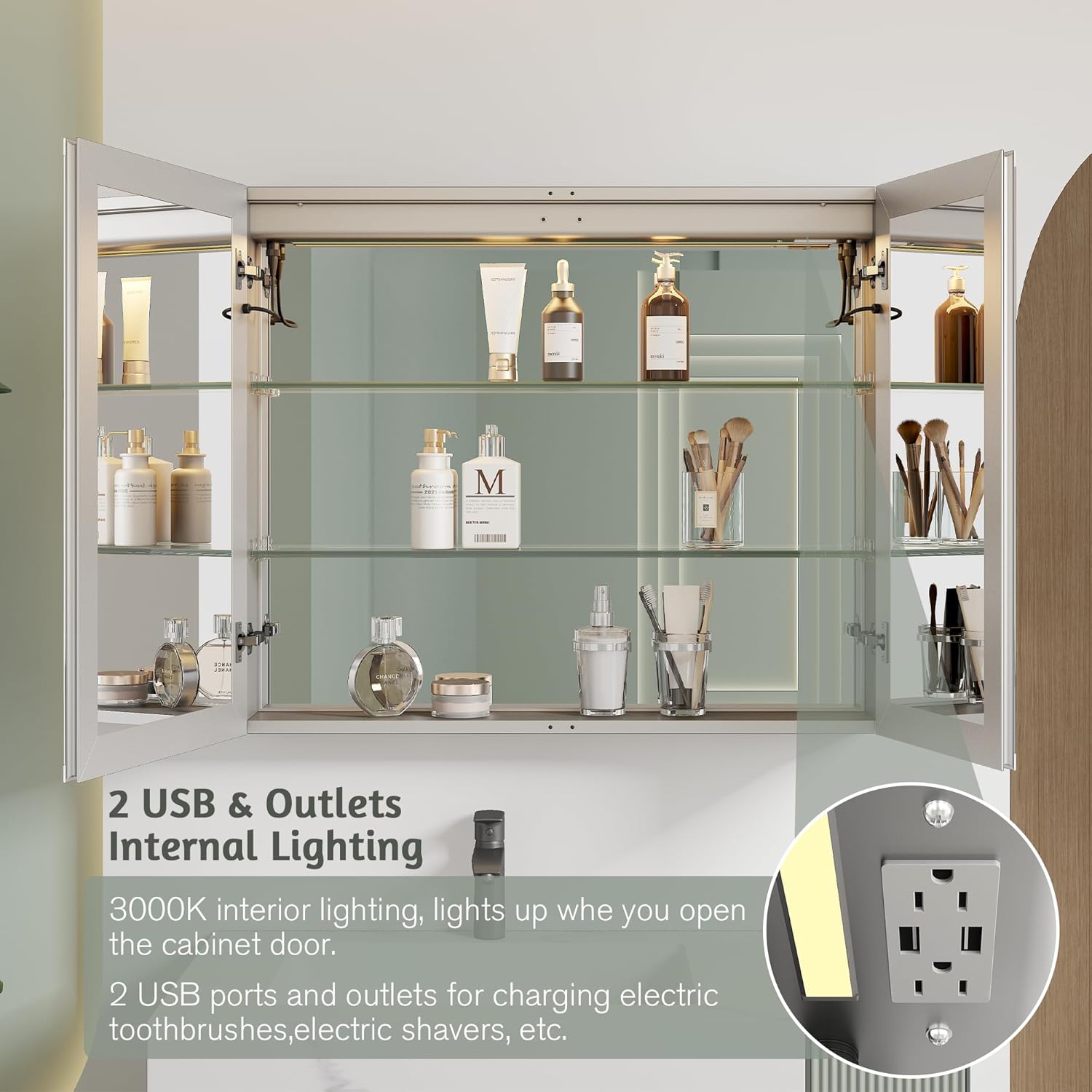 MIRPLUS Botiquín de baño de 36 x 30 pulgadas con espejo LED, 3 luces de color y ajuste de brillo, pantalla antivaho de tiempo y temperatura, montaje