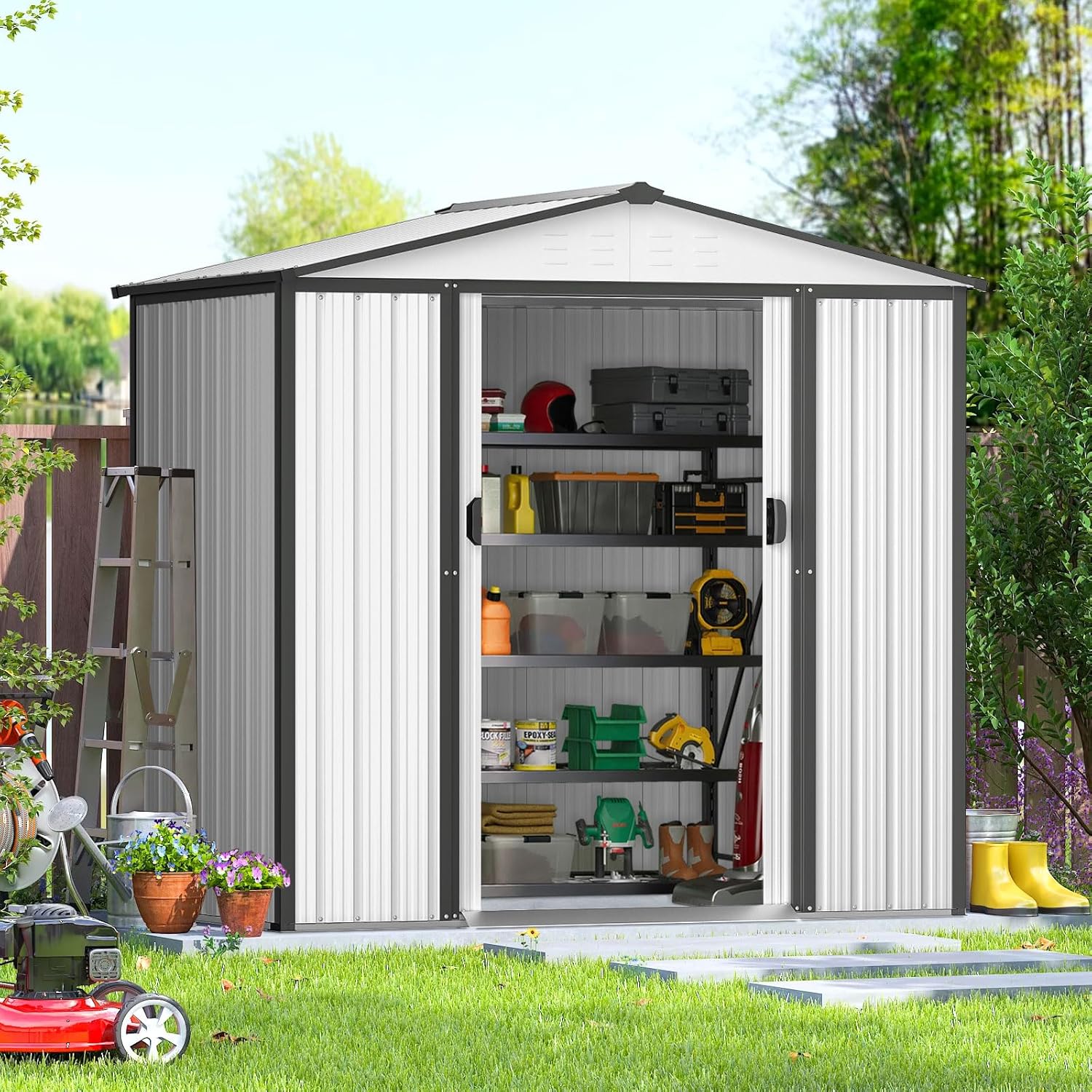 SUNCROWN Cobertizo de almacenamiento de jardín al aire libre, herramienta de almacenamiento de patio trasero de 4 x 6 pies con puerta corredera para