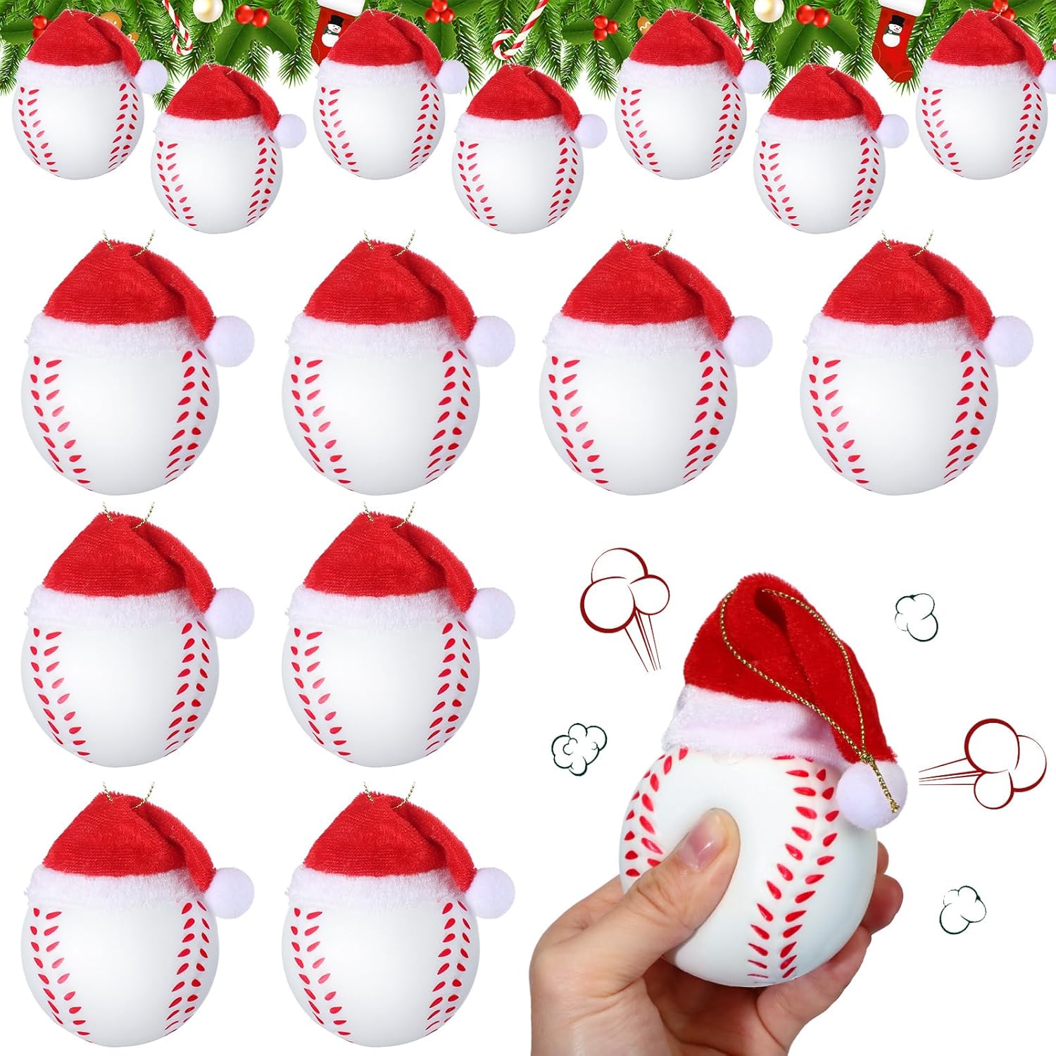 12 bolas deportivas de Navidad con sombrero de Papá Noel extraíble para adornos de árbol de Navidad, regalos de Navidad, decoración del hogar,