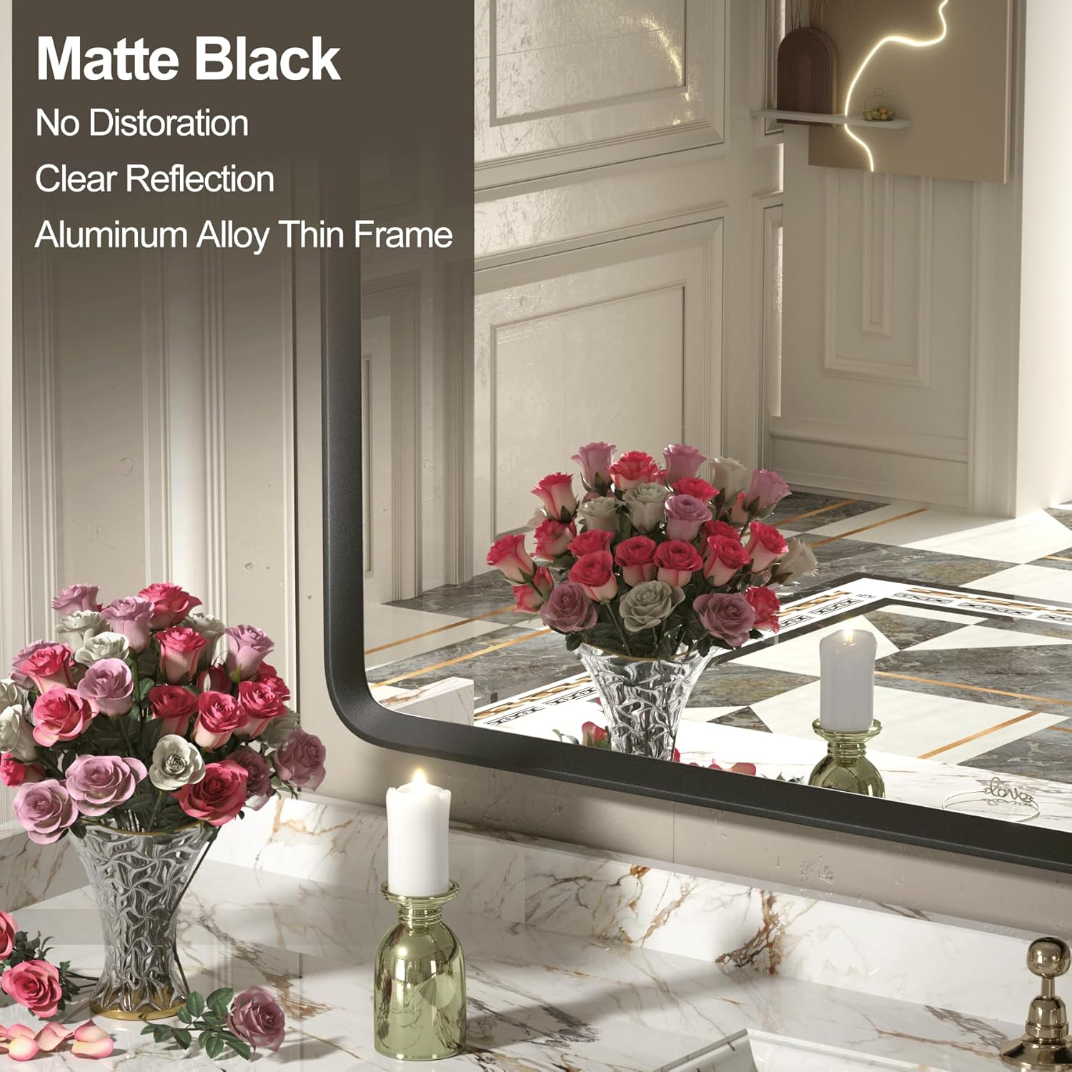 Espejo de baño negro mate de 72 x 36 pulgadas, espejo grande con marco de metal negro para pared, espejo rectangular de esquina redondeada,