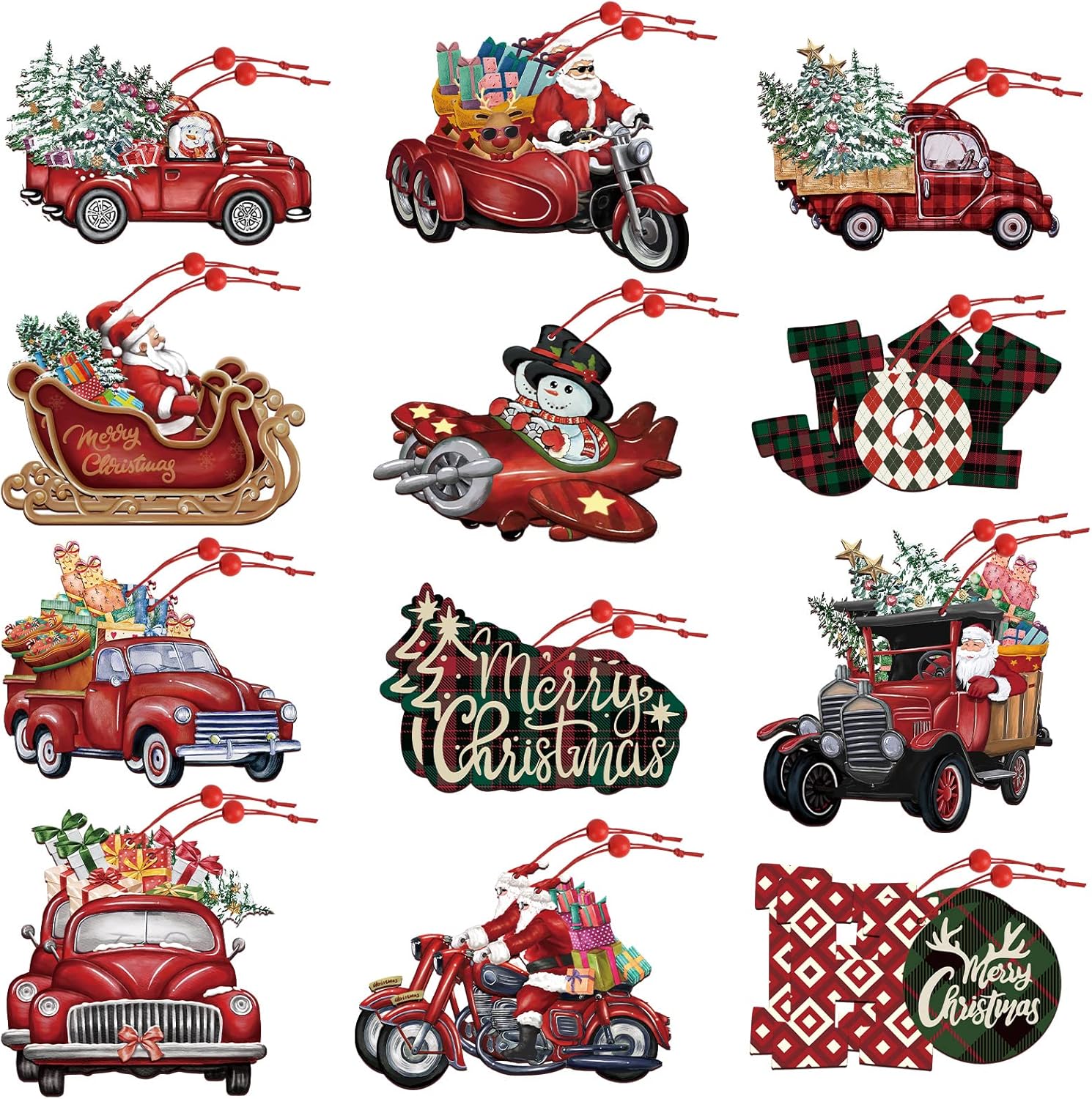 24 adornos navideños de madera, camión rojo de madera, árbol de Navidad, manualidades colgantes para casa de campo, decoración de fiestas,