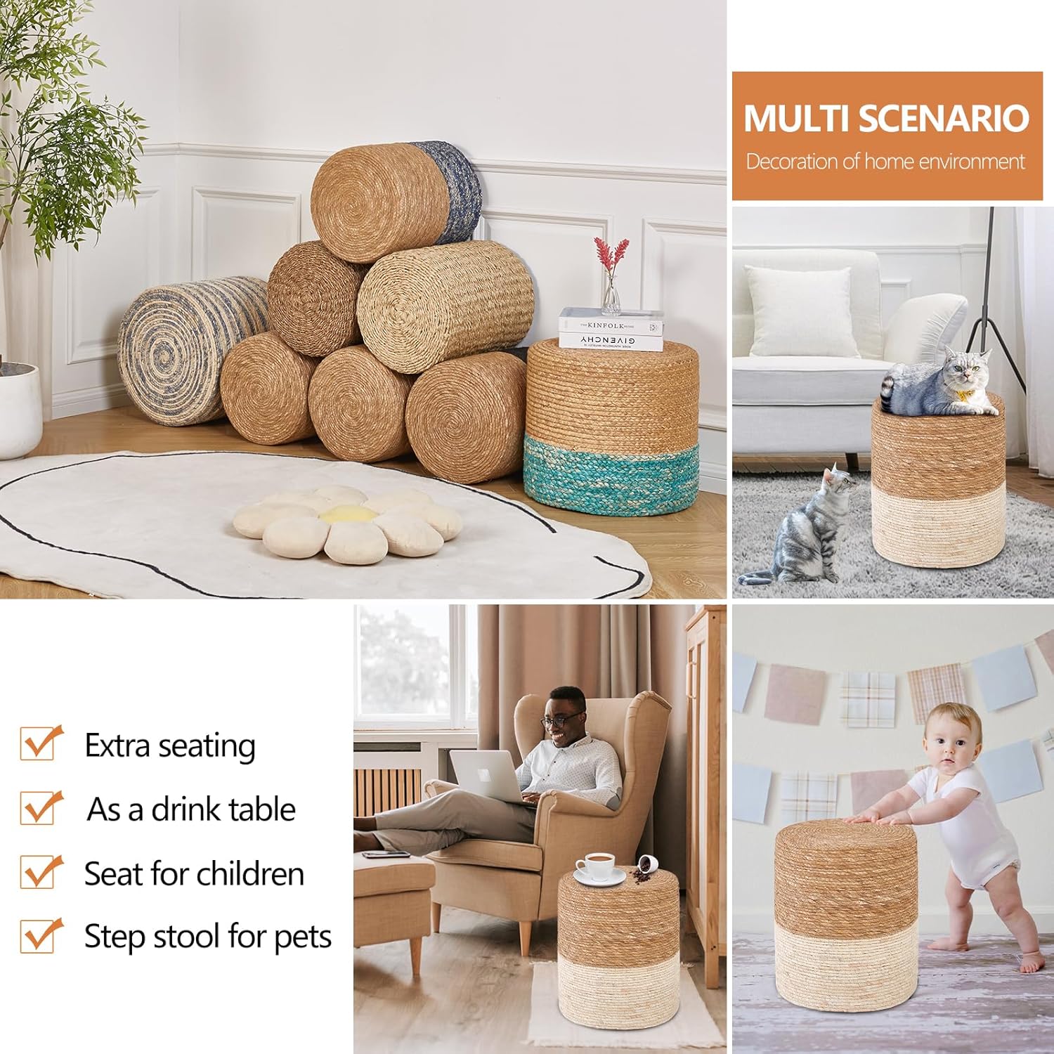 Mxfurhawa Otomano redondo, puf trenzado a mano natural, reposapiés con marco de madera maciza, acento rústico, puf de granja, decoración bohemia o