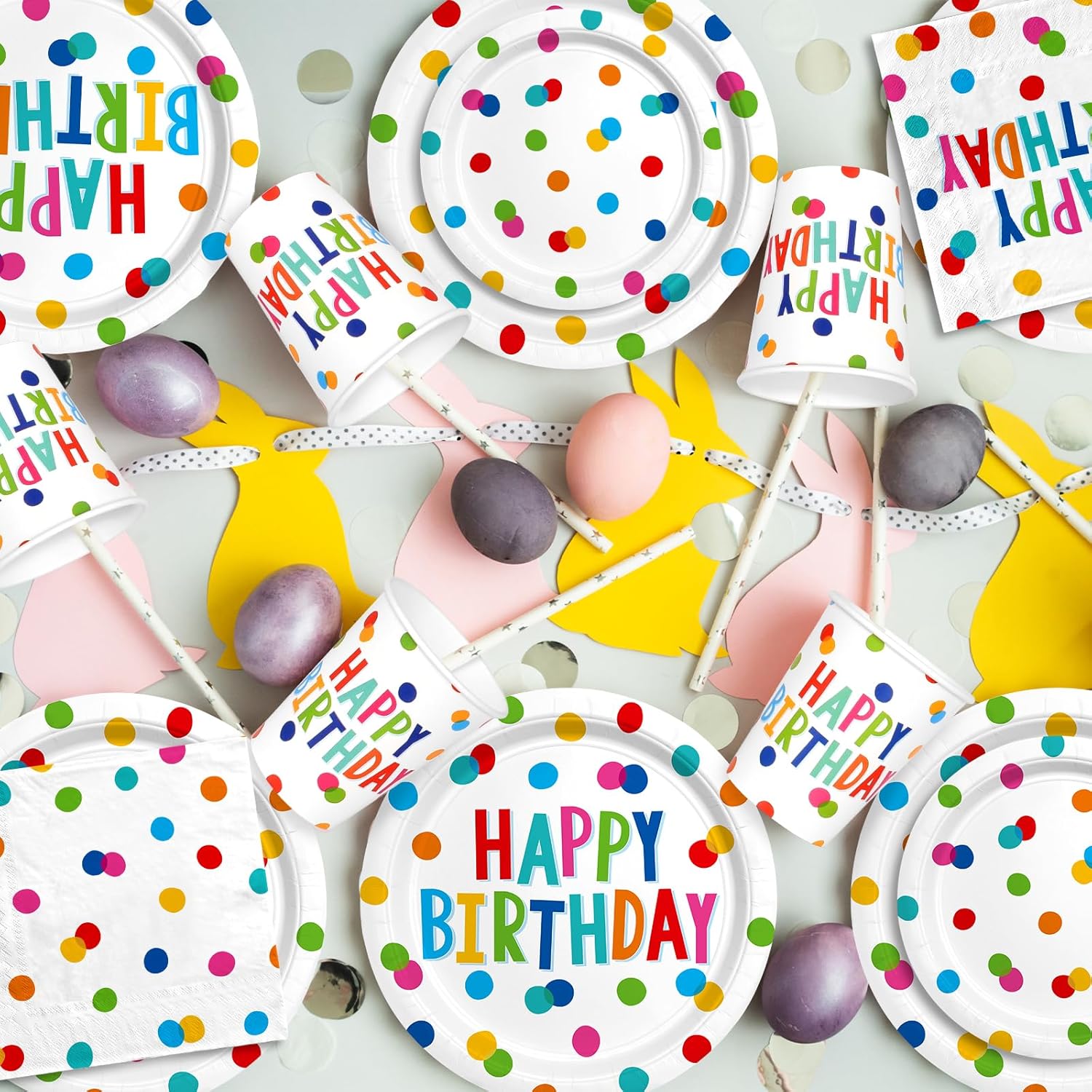 Decoraciones de feliz cumpleaños suministros de fiesta de cumpleaños para niños con diseño de puntos, incluye platos y servilletas de feliz