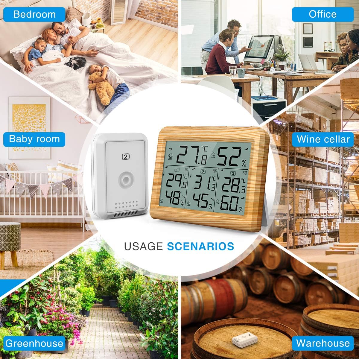 AMIR Termómetro para interiores y exteriores, termómetro higrómetro digital de 3 canales con 3 sensores, monitor de humedad inalámbrico con pantalla
