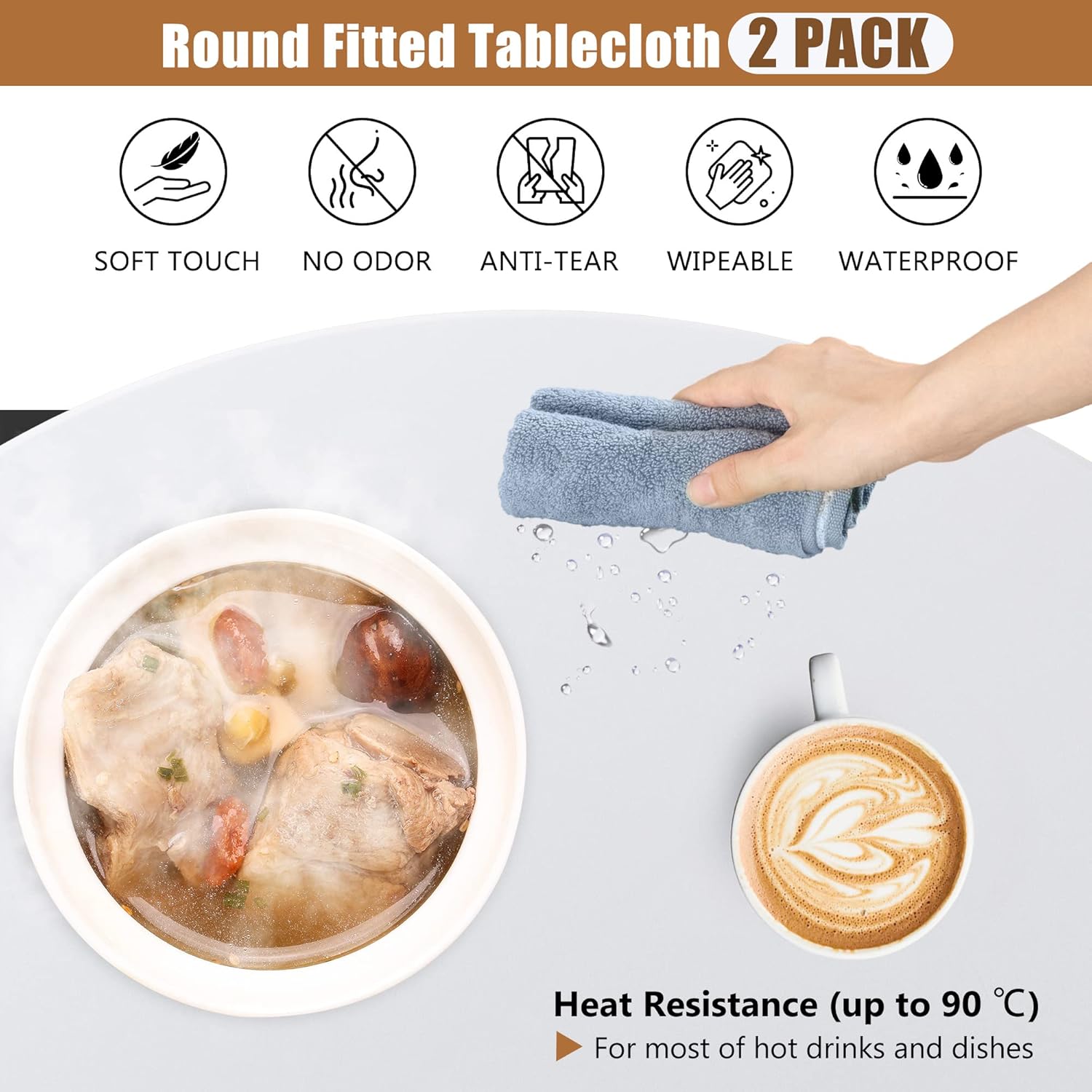Mantel ajustable blanco para mesas redondas, paquete de 2 manteles elásticos reversibles, impermeable, resistente a las manchas, para uso en