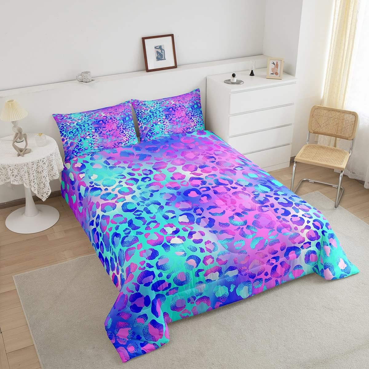 Feelyou Juego de edredón colorido de leopardo azul, morado, rosa, leopardo, juego de ropa de cama para niños pequeños, elegante juego de edredón
