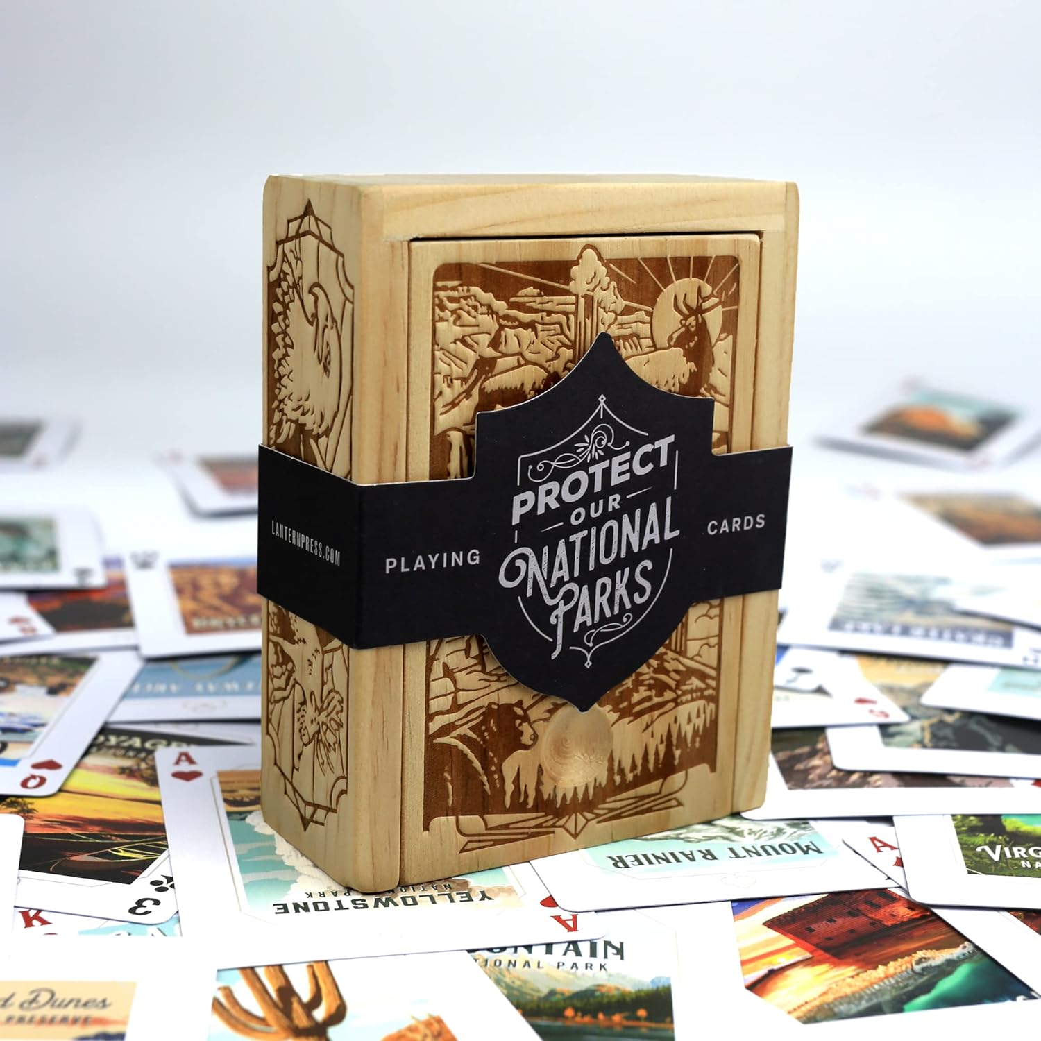Proteja nuestros parques nacionales, baraja de cartas premium de 52 en caja de coleccionista de madera, imágenes de cartas únicas de los parques