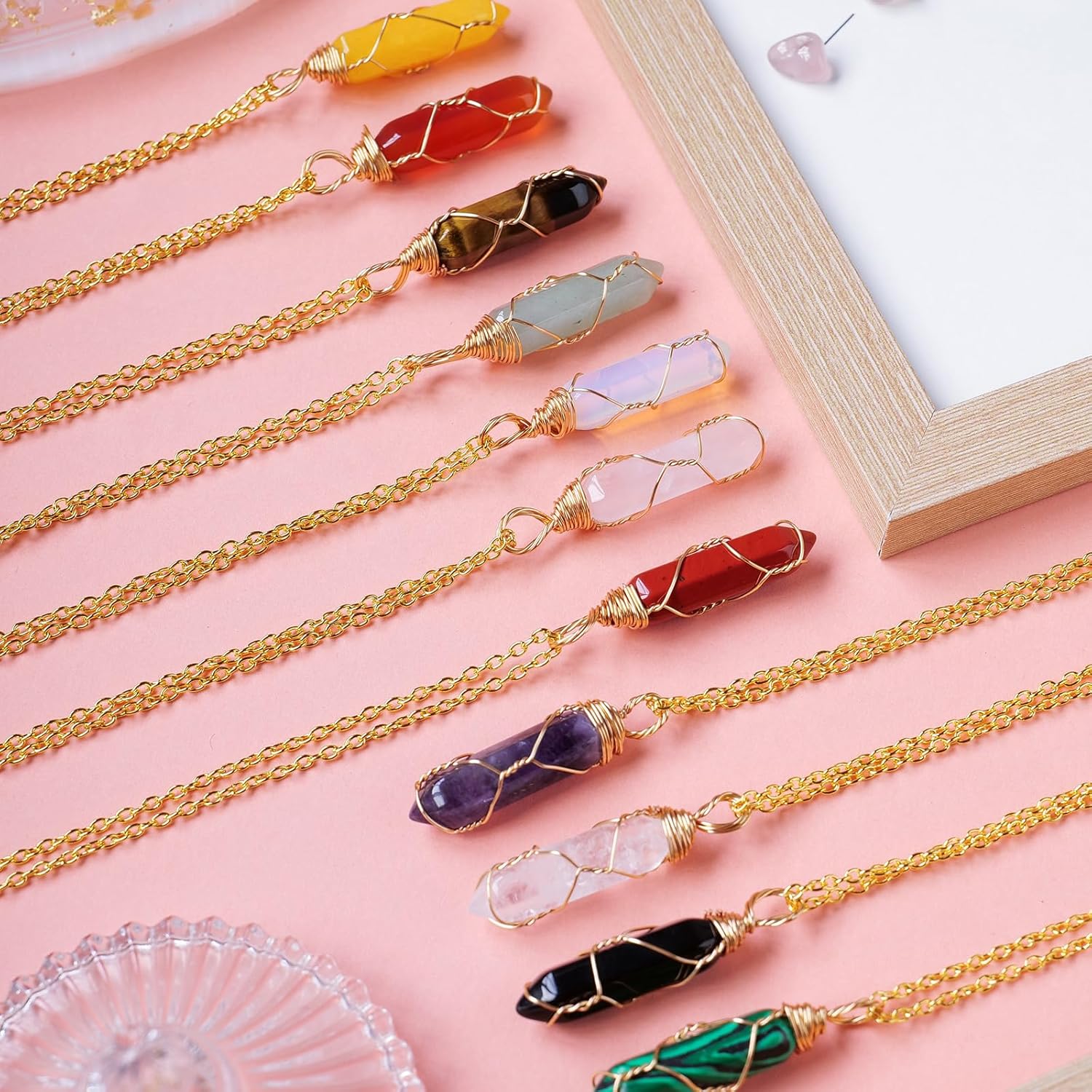 Collar de cristal natural de doble punta hecho a mano tejido curativo con bala de cristal curativo pulido piedra de energía Reiki con caja de regalo