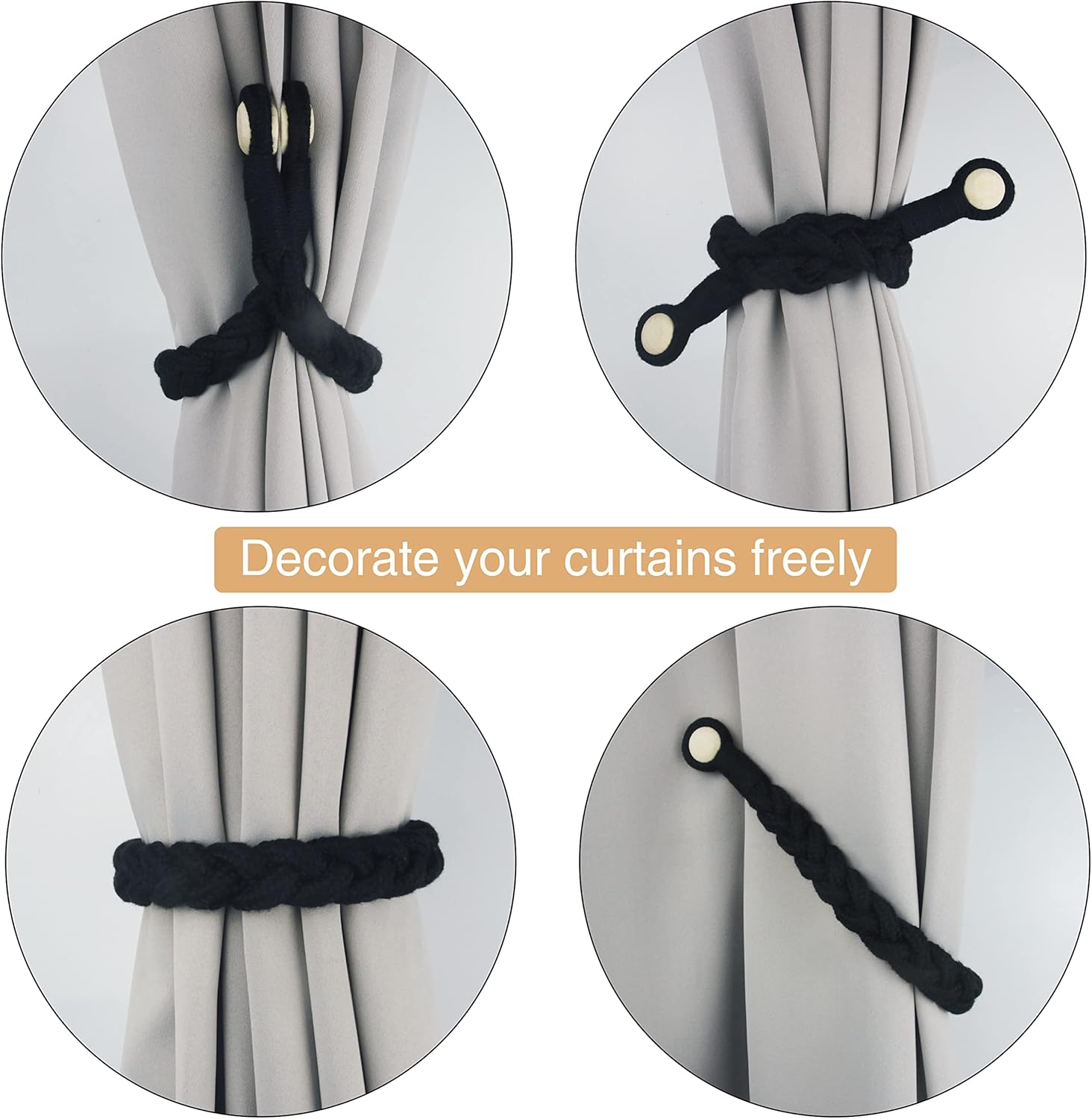 Paquete de 4 alzapaños magnéticos negros suaves para cortinas, de algodón, tejido a mano, con hebilla de madera, para decoración del hogar y la