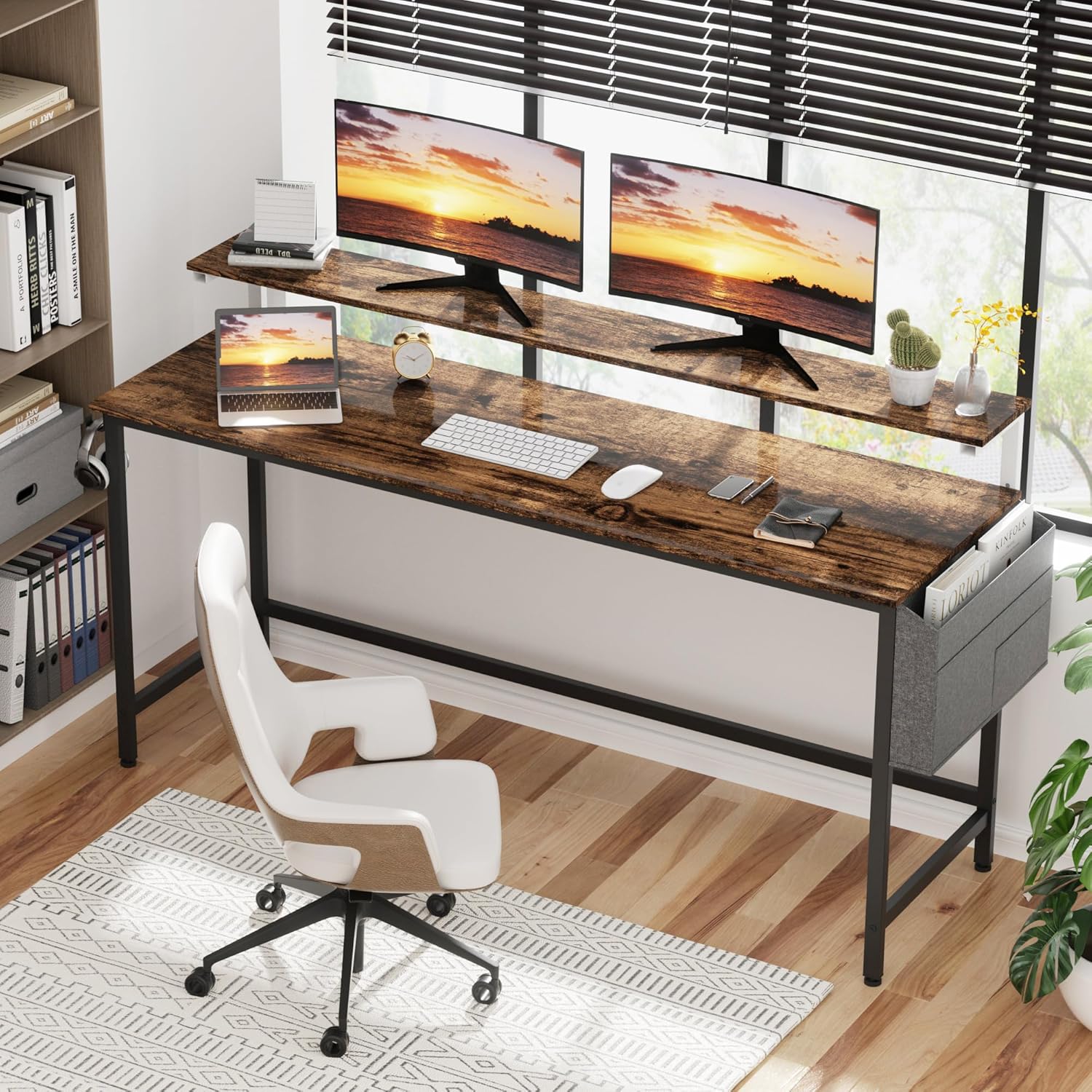 Shintenchi Escritorio para computadora de 63 pulgadas con soporte para monitor, escritorio de escritura de diseño estable, estación de trabajo de