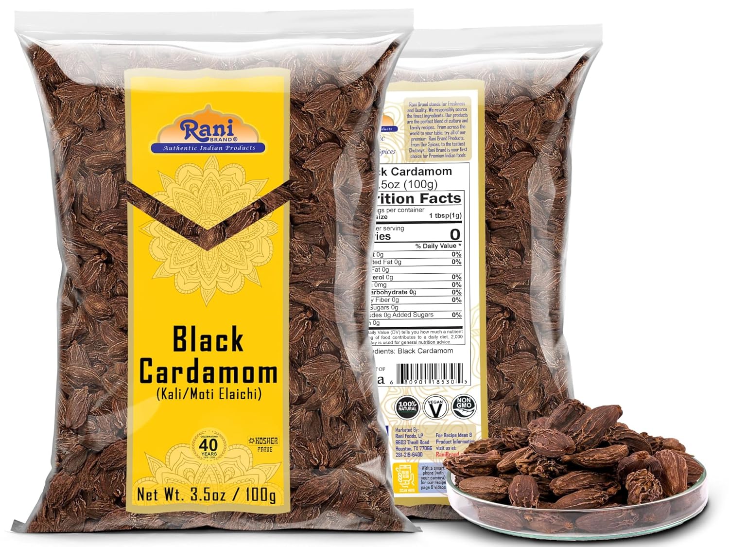 Rani – Cápsulas de cardamomo negro (Kali Elachi) – Especias indias enteras de 3.5 onzas (3.53oz)  Todo natural  Vegano  Apto para gluten  Sin OMG