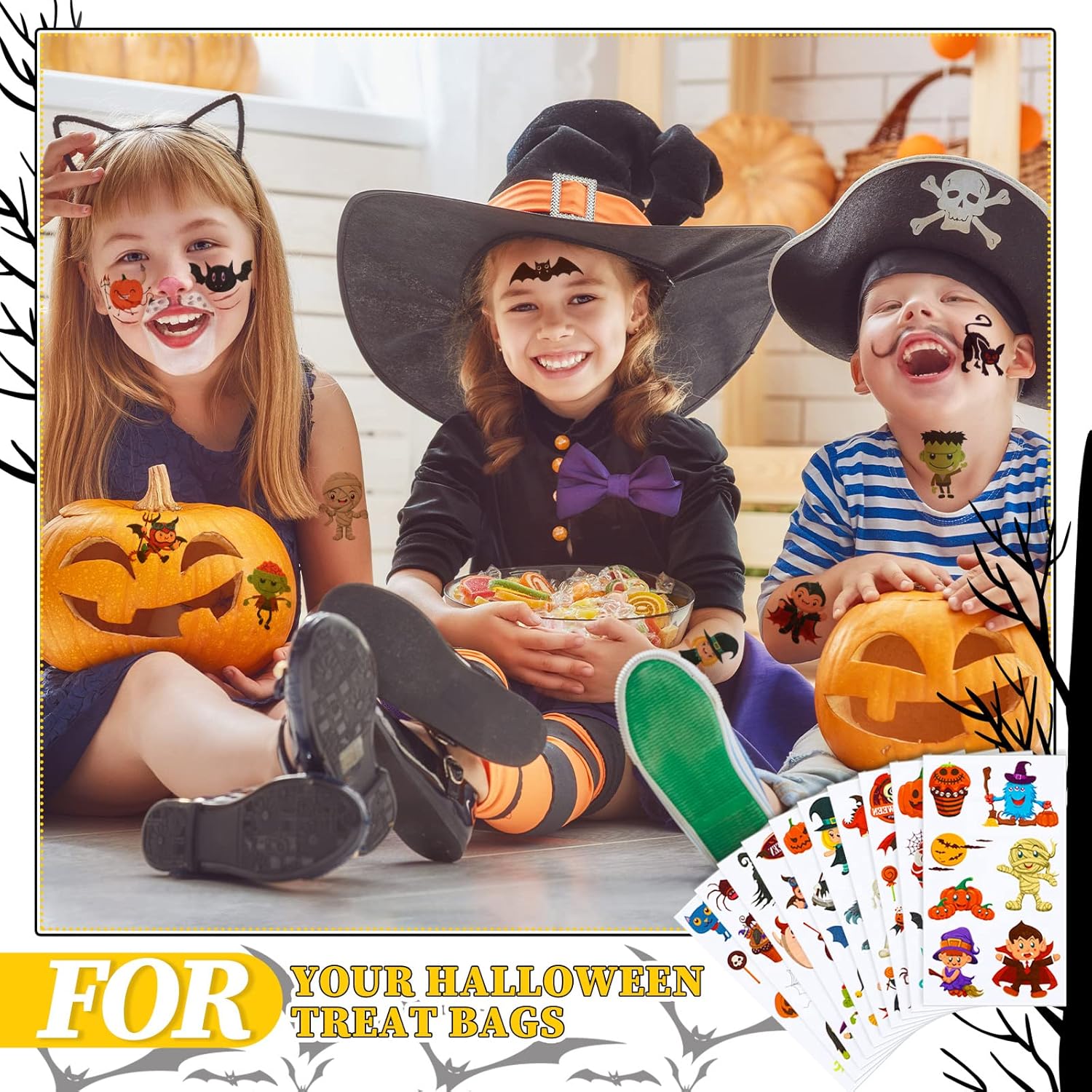 80 hojas de 800 patrones de tatuajes temporales de Halloween para niños, calcomanías temporales impermeables para Halloween, maquillaje de