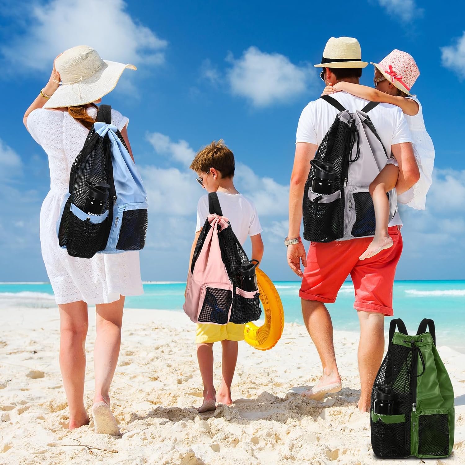 Mochila de malla con cordón de 5 piezas, con bolsillo húmedo, bolsa de gimnasio de malla ligera, mochila de playa para mujeres y hombres, piscina,