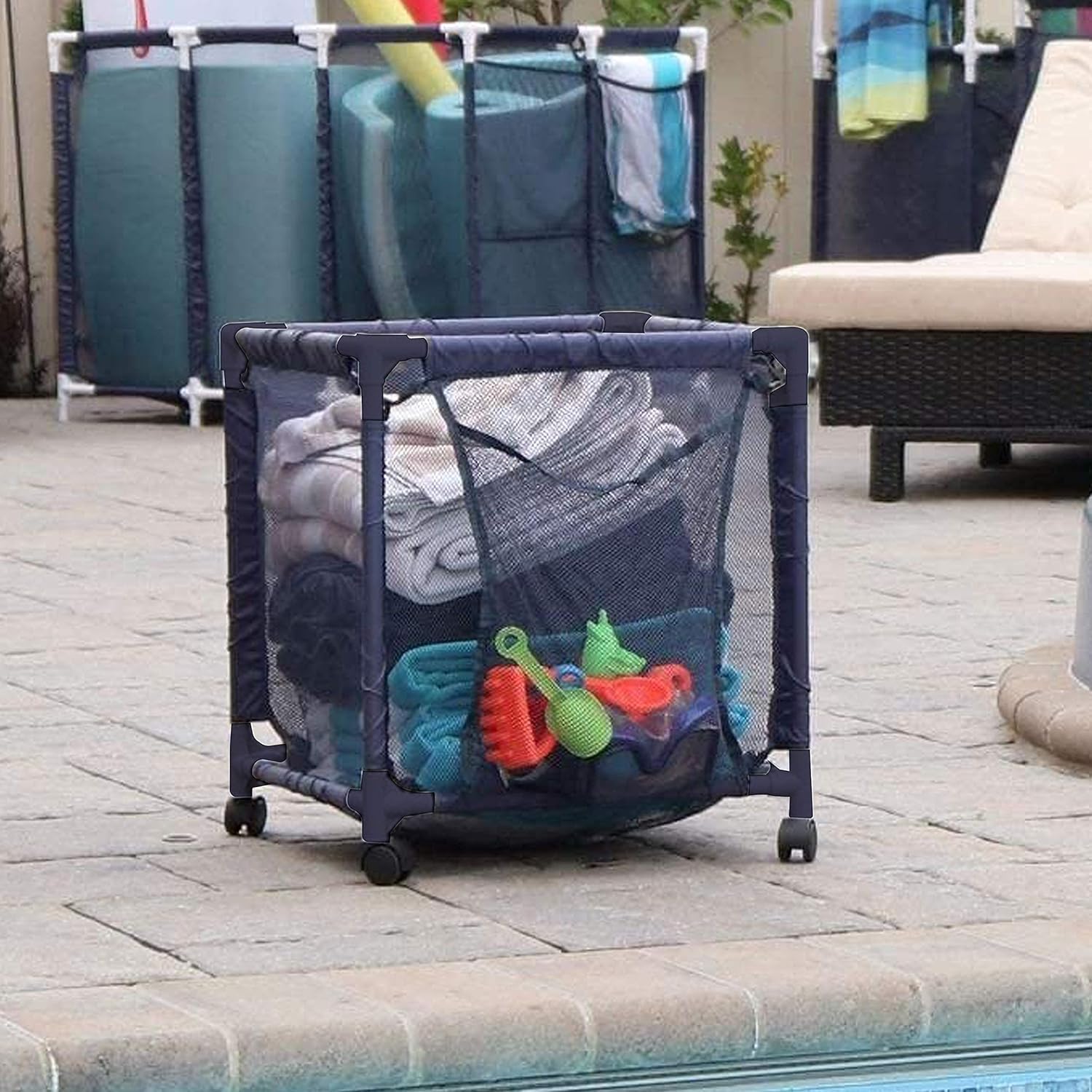 Essentially Yours Cubo organizador pequeño con ruedas para piscina, (18 pulgadas de ancho x 18 pulgadas de largo x 20 pulgadas de alto), estilo azul