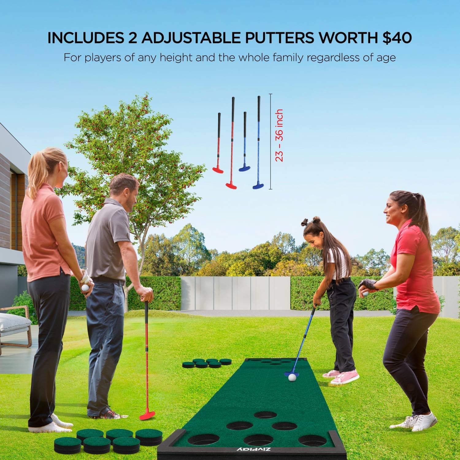 Juego de golf de putting con tapete de golf para pong, 2 putters, 6 pelotas de golf y barreras de pelota para adultos al aire libre, práctica verde,