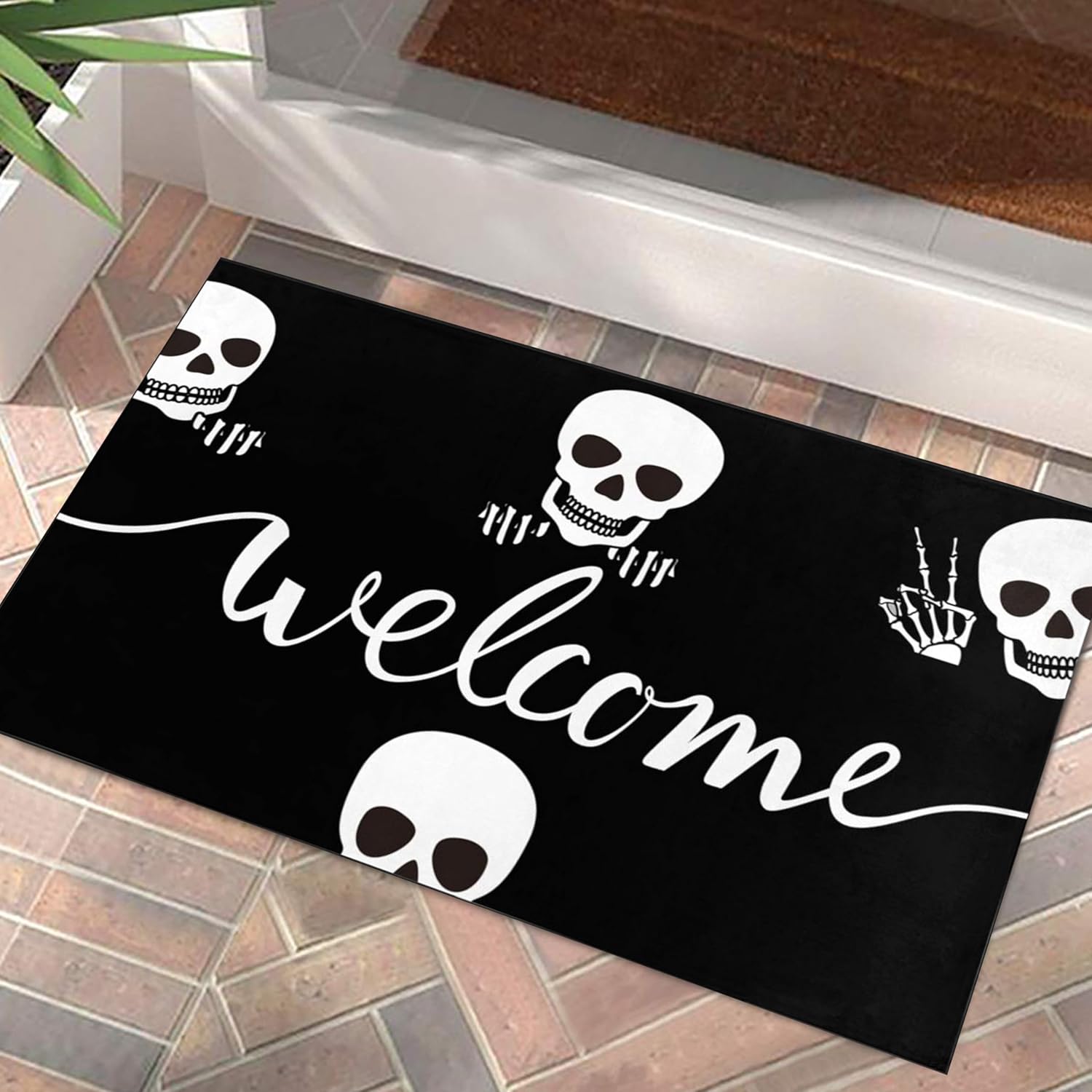 Felpudo de calavera para la entrada del hogar, tapete de bienvenida para puerta delantera, tapete de goma antideslizante divertido para interiores y