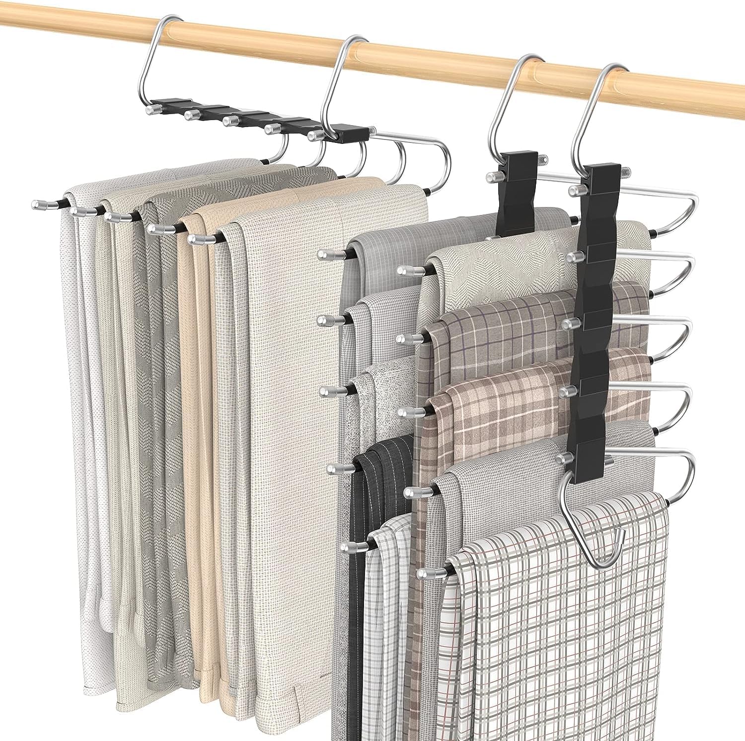 Perchas finas para pantalones que ahorran espacio, 3 piezas con 15 clips de metal, 2 modos de suspensión, organizador de pantalones mejorado y