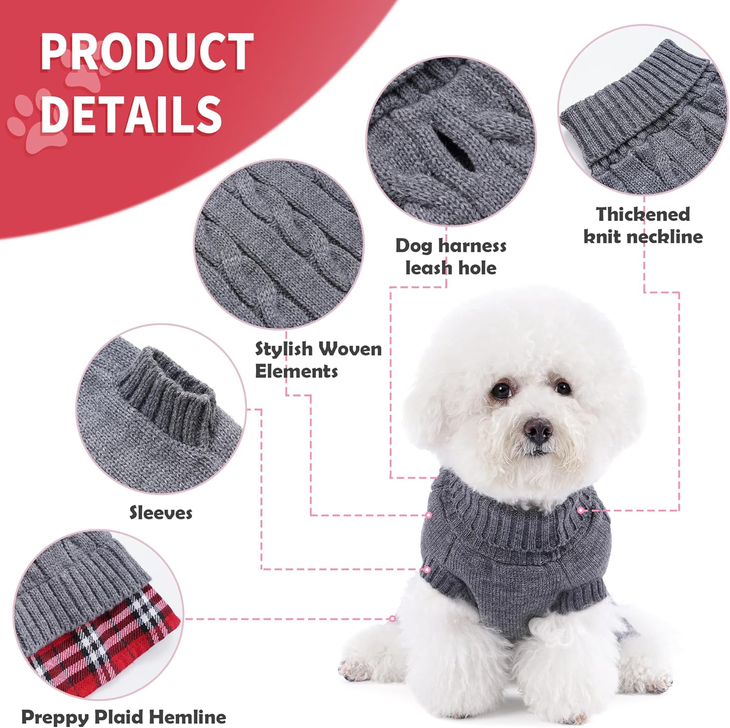 WOYYHO Ropa para perros y mascotas, suéter para perros pequeños, suéteres de punto a cuadros para perros con agujero para la correa, ropa para