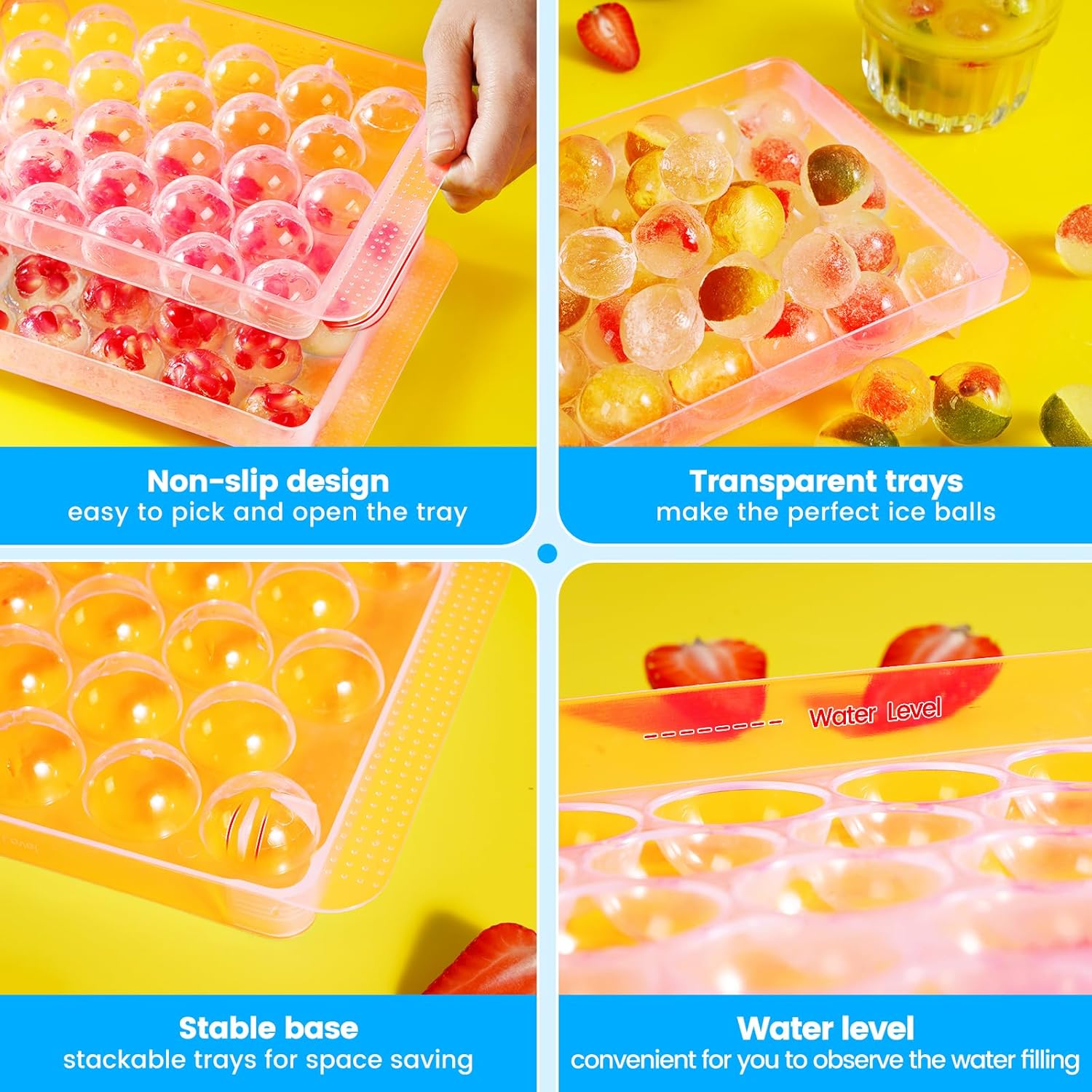 PHINOX – Bandeja redonda para cubitos de hielo con tapa y contenedor, bandejas de hielo redondas para congelador, bandejas de hielo para hacer
