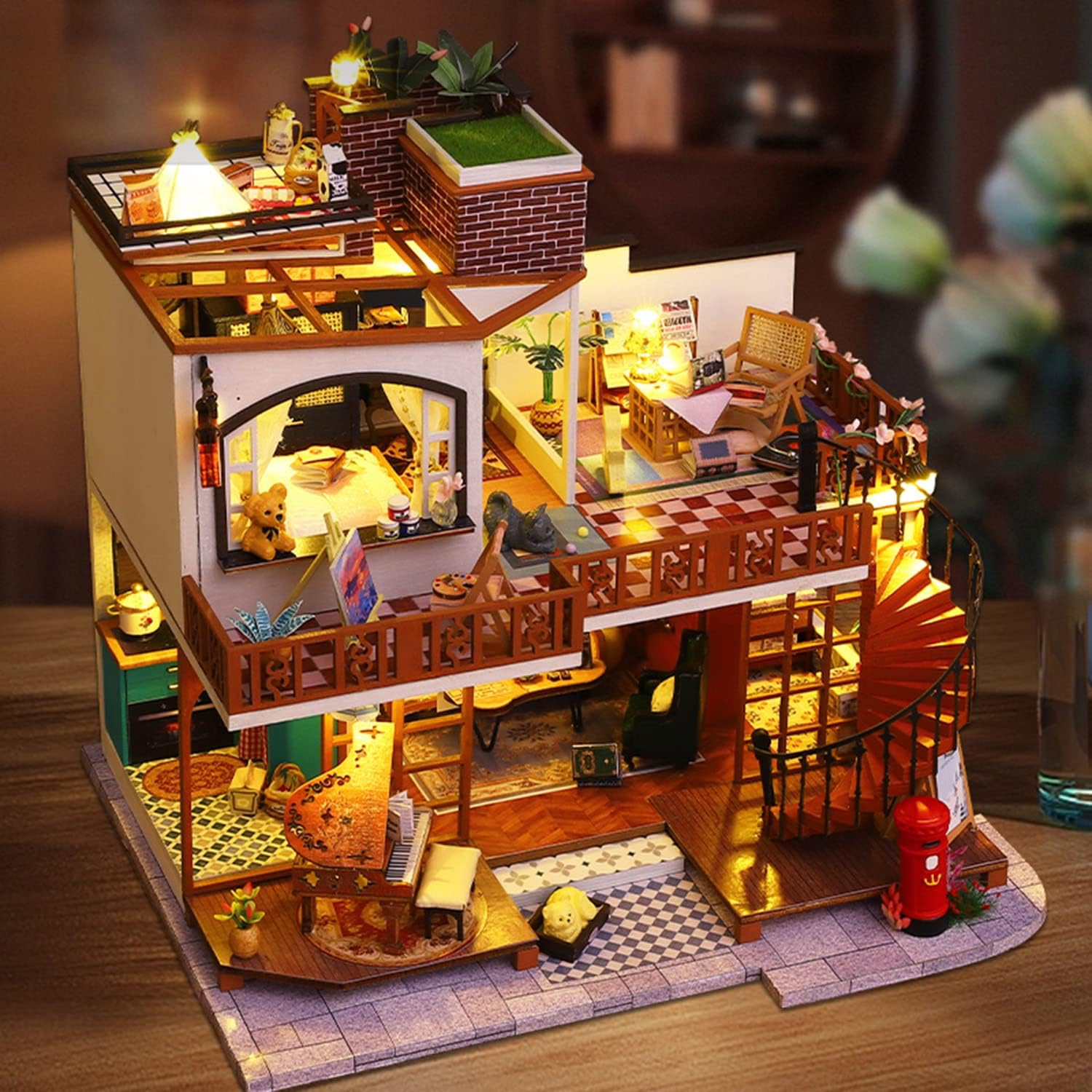 Roroom Kit de casa de muñecas en miniatura y muebles, modelo de casa de muñecas de madera 3D con cubierta a prueba de polvo y movimiento musical,
