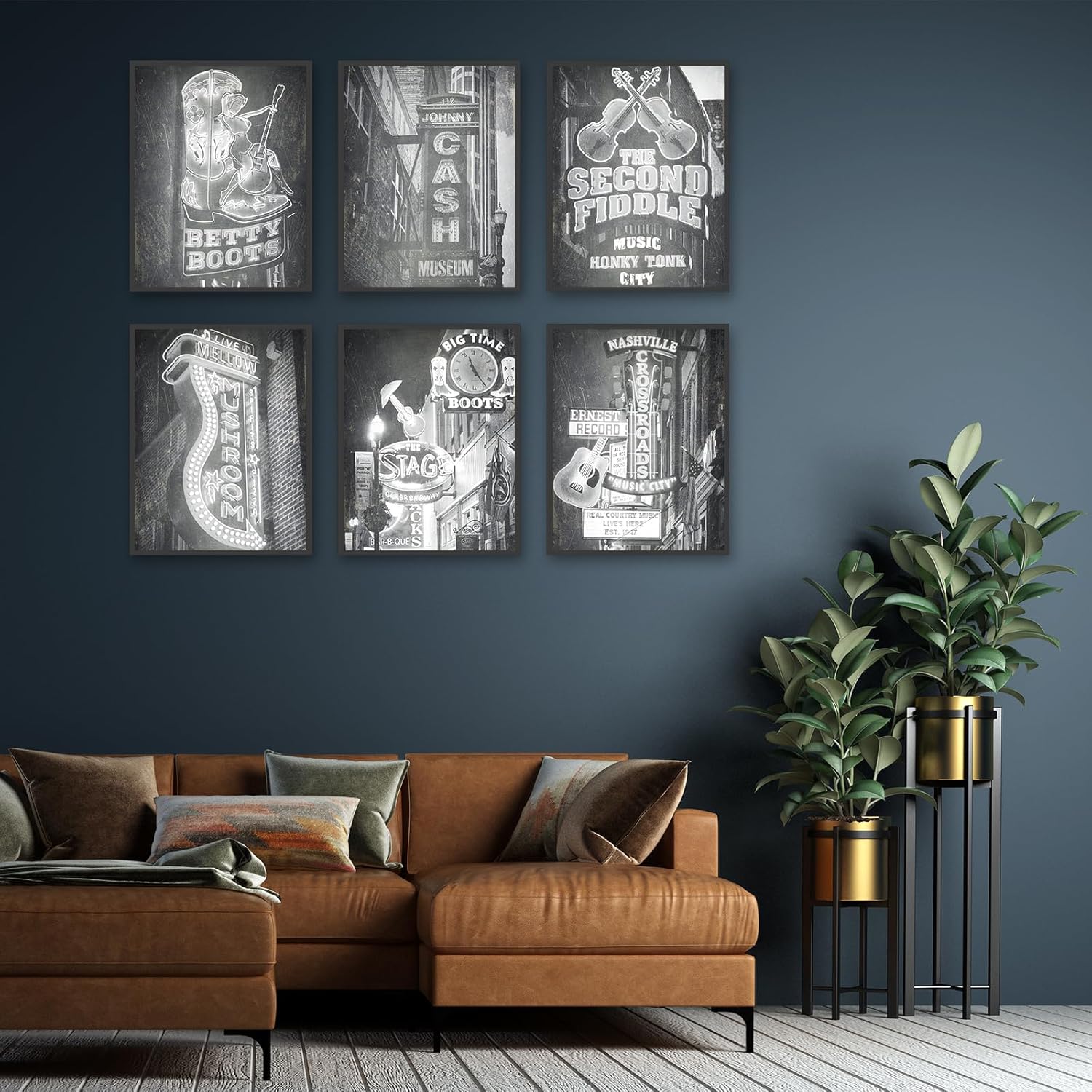 Póster vintage de Nashville para pared, diseño retro en blanco y negro de Nashville, Tennessee, música country, guitarra, arte del centro, lienzo