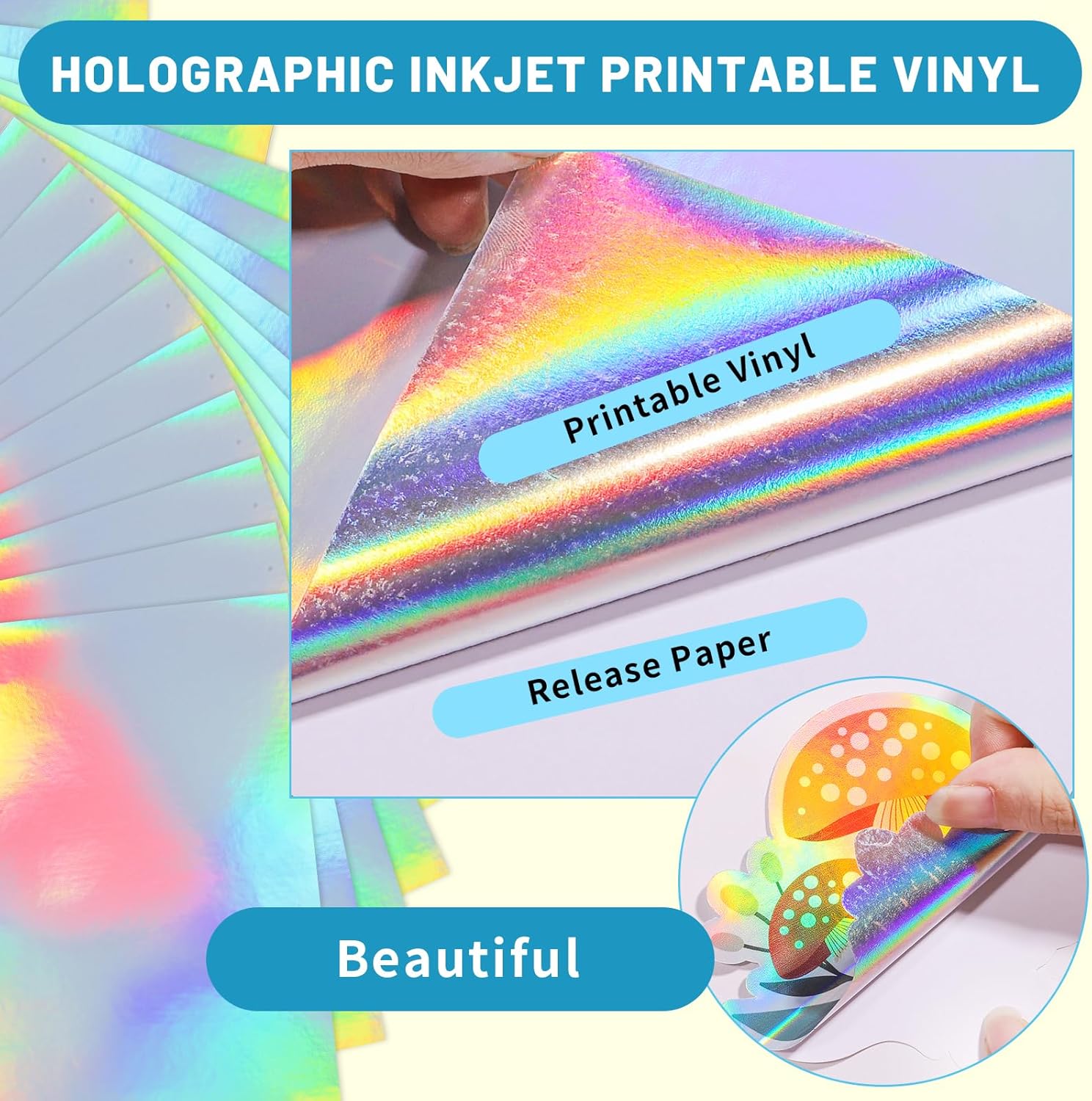 GIRAFVINYL Papel adhesivo holográfico imprimible para impresora de inyección de tinta, hojas de vinilo autoadhesivas holográficas de arcoíris