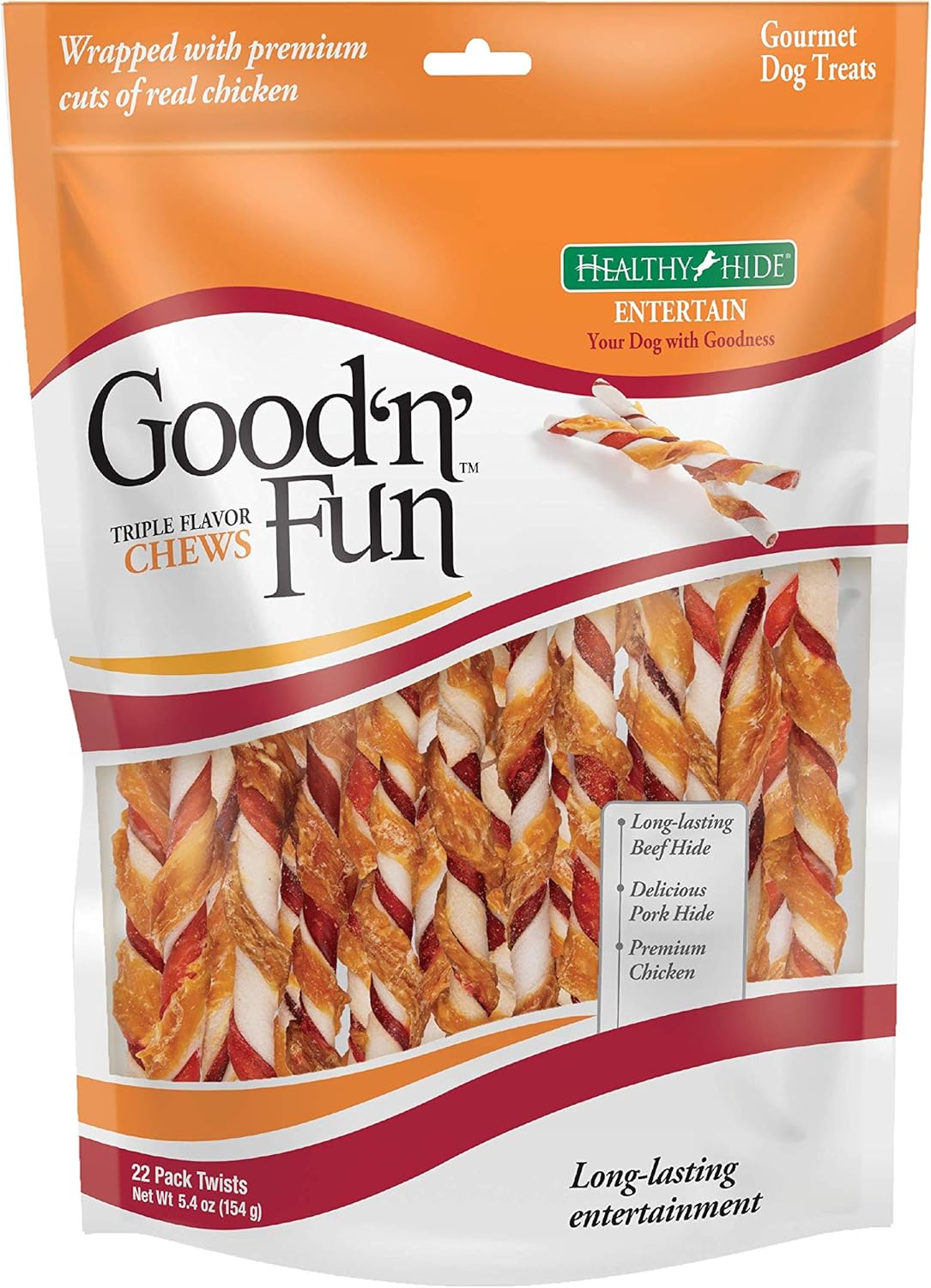 Good ‘N’ Fun Golosinas de cuero crudo de triple sabor para perros, 22 unidades (paquete de 7)